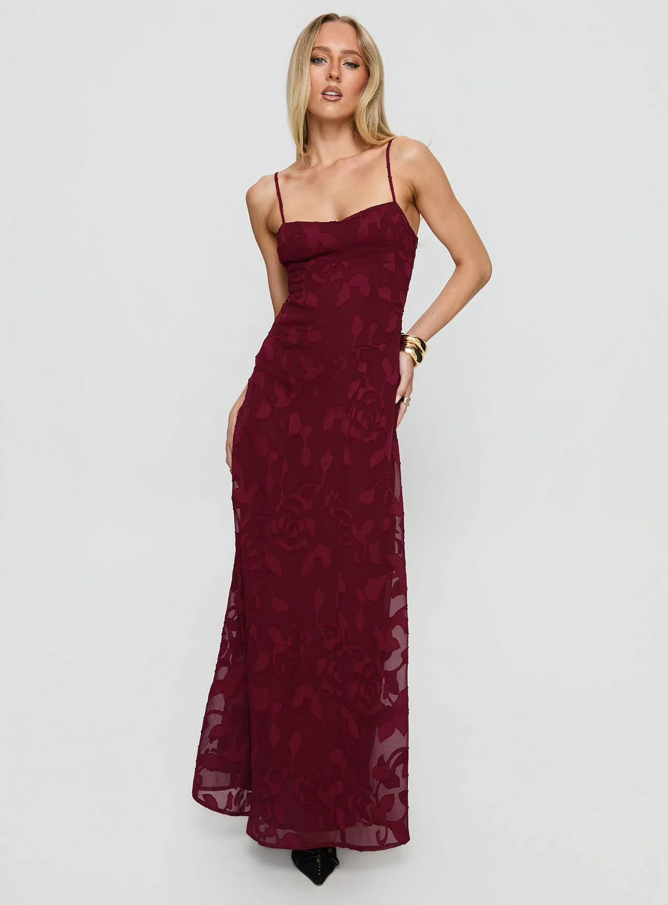 Leading Lady Sweetheart Maxi Dress Red Floral Burnout