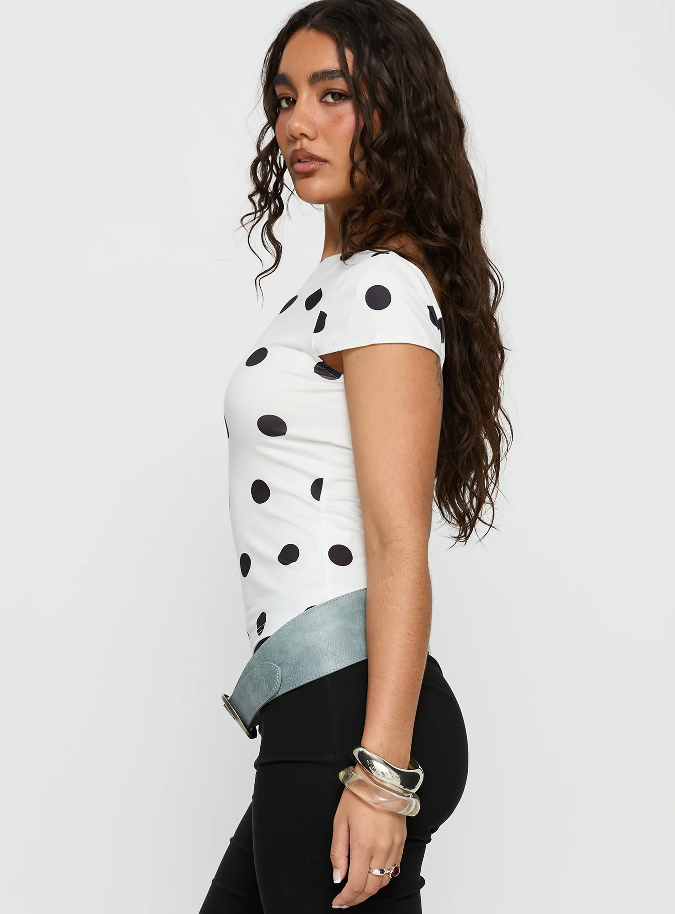 Truthfully Low Back Top White Polka