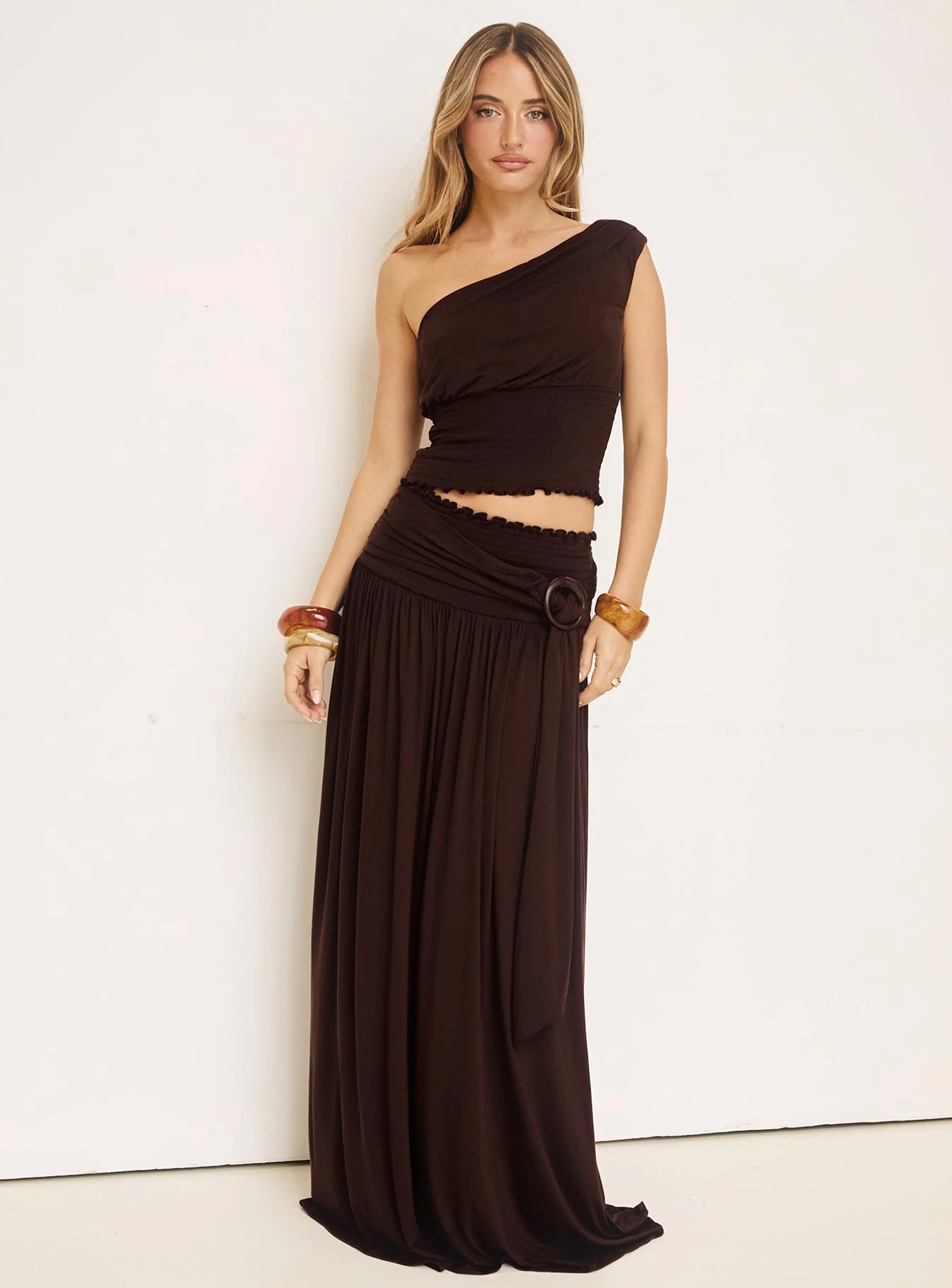 Full Orbit Shirred Maxi Skirt Chocolate Brown