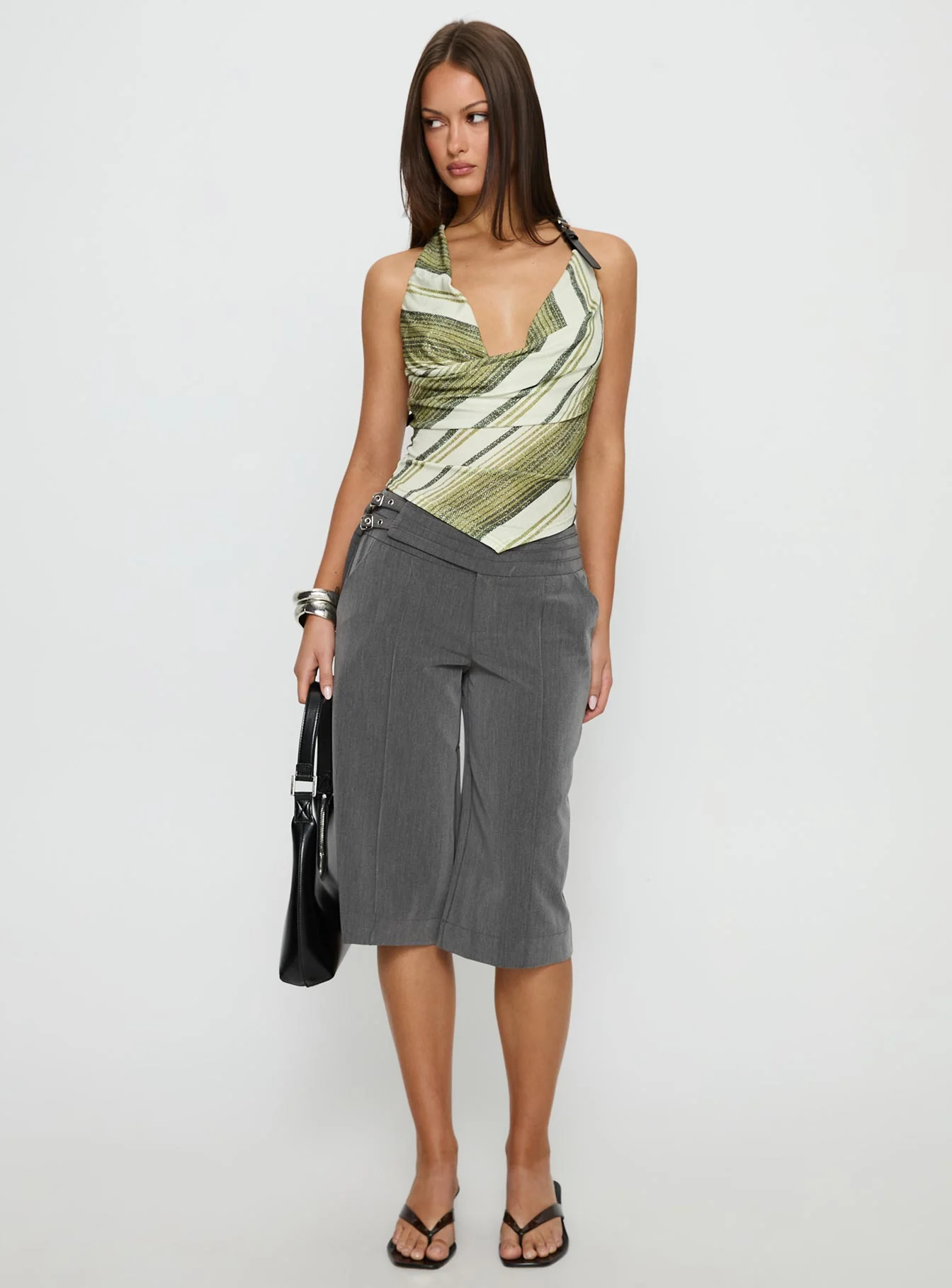 Syrenah Halter Cowl Neck Top Green Stripe