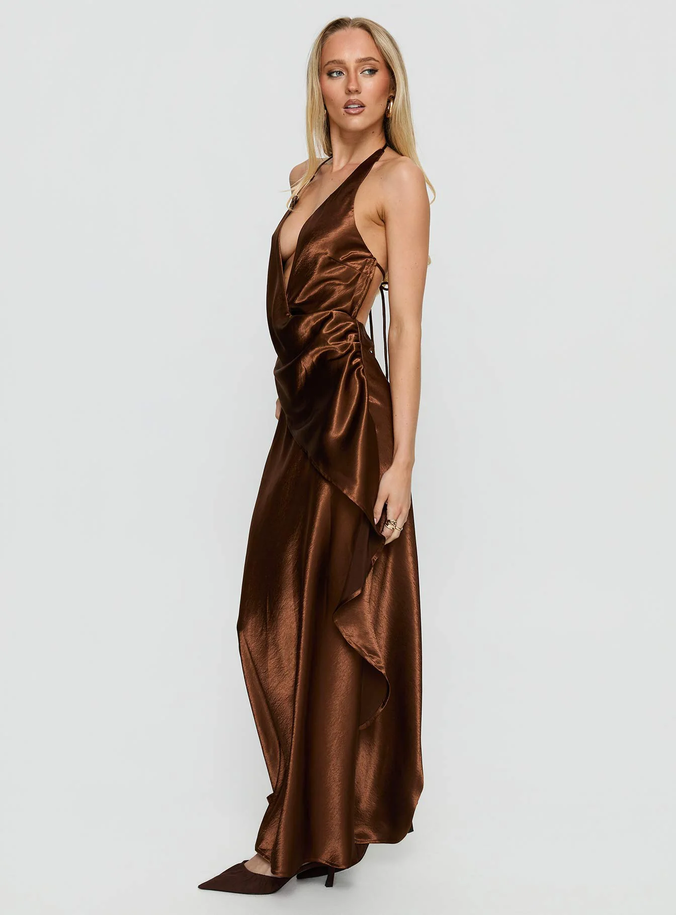 Annissa Plunge Halter Maxi Dress Dark Brown