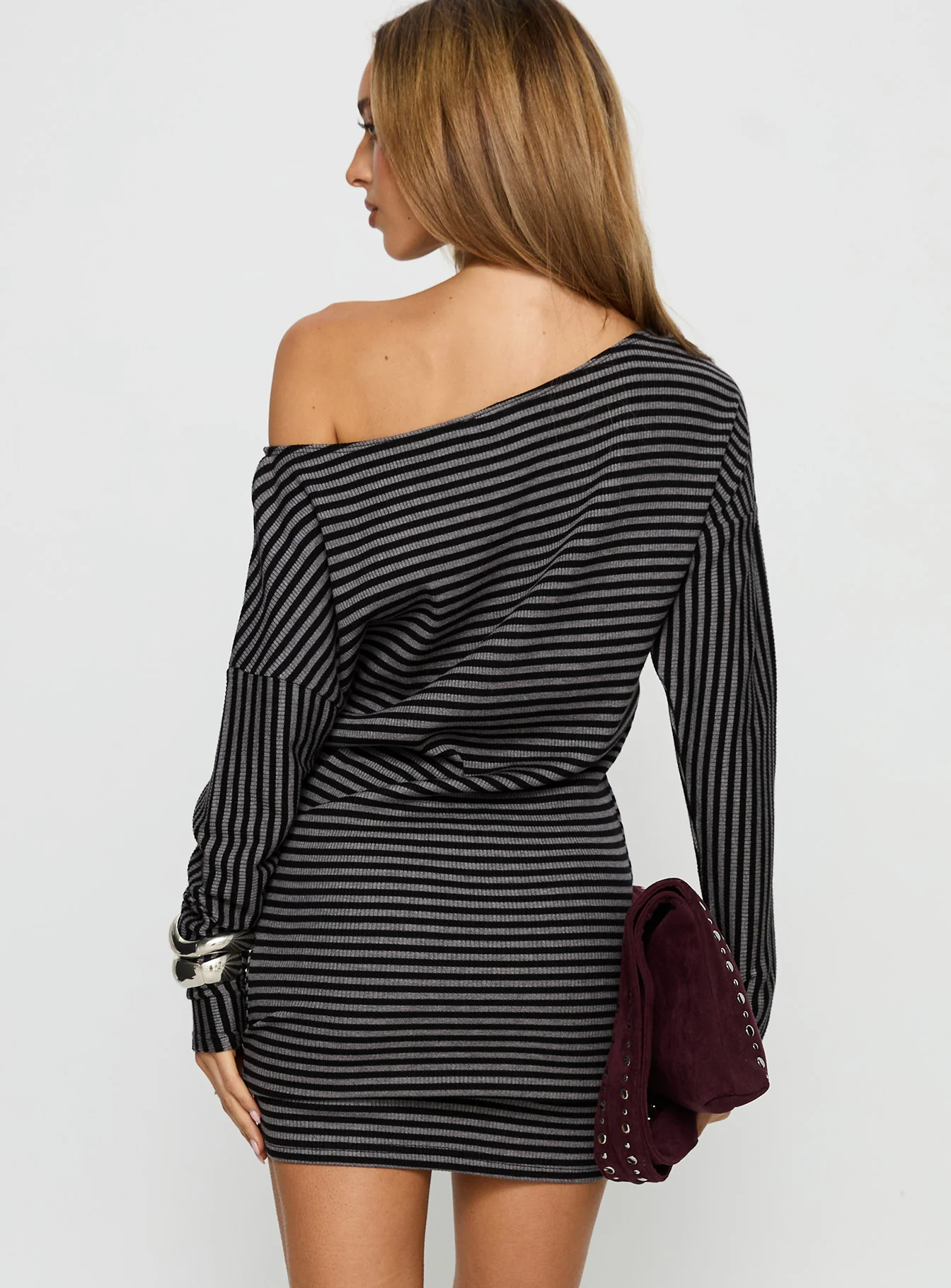 Alayne Long Sleeve Knit Mini Dress Black / Grey Stripe