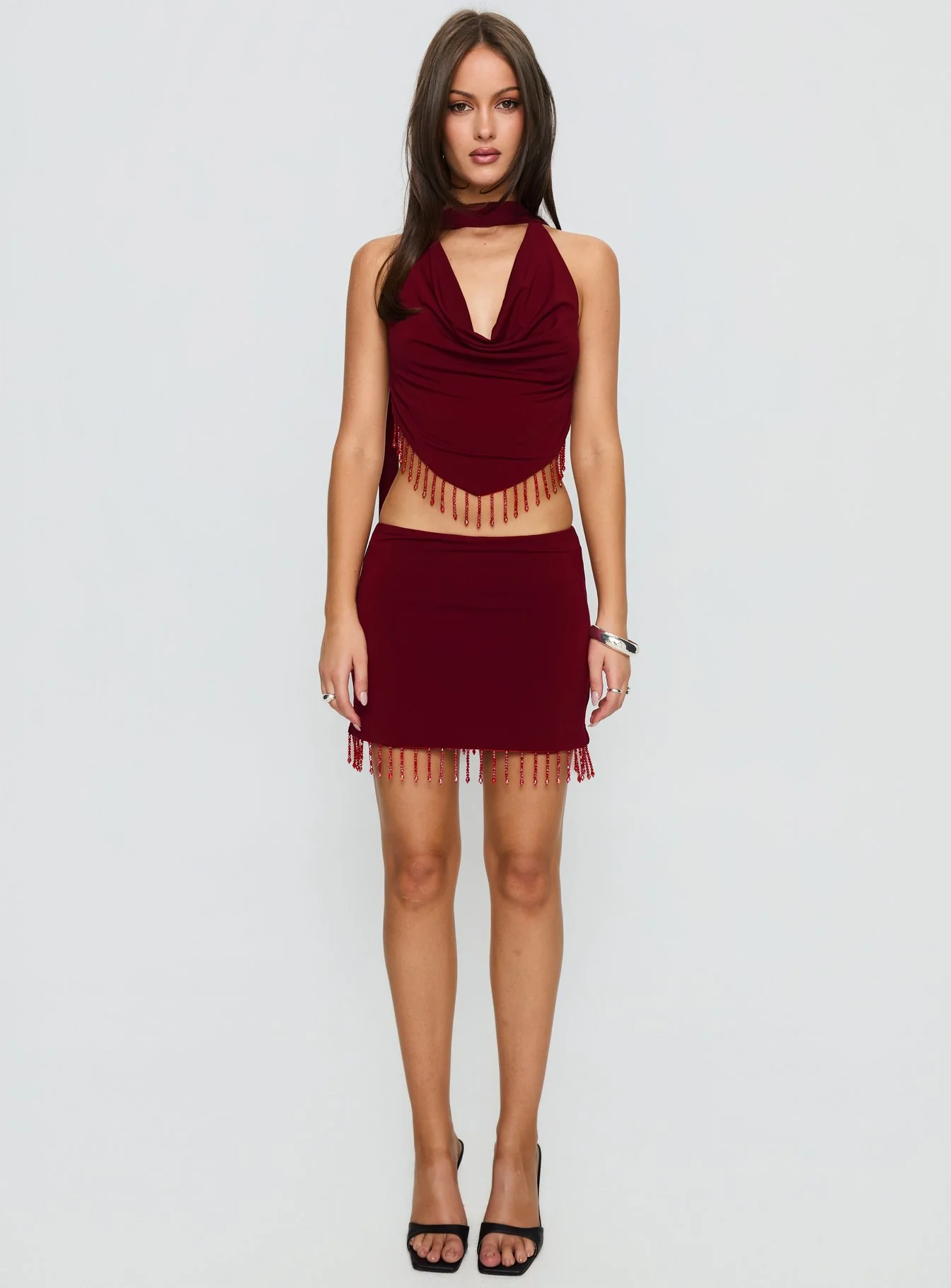 Ginah Bead Tassel Cowl Neck Top Red