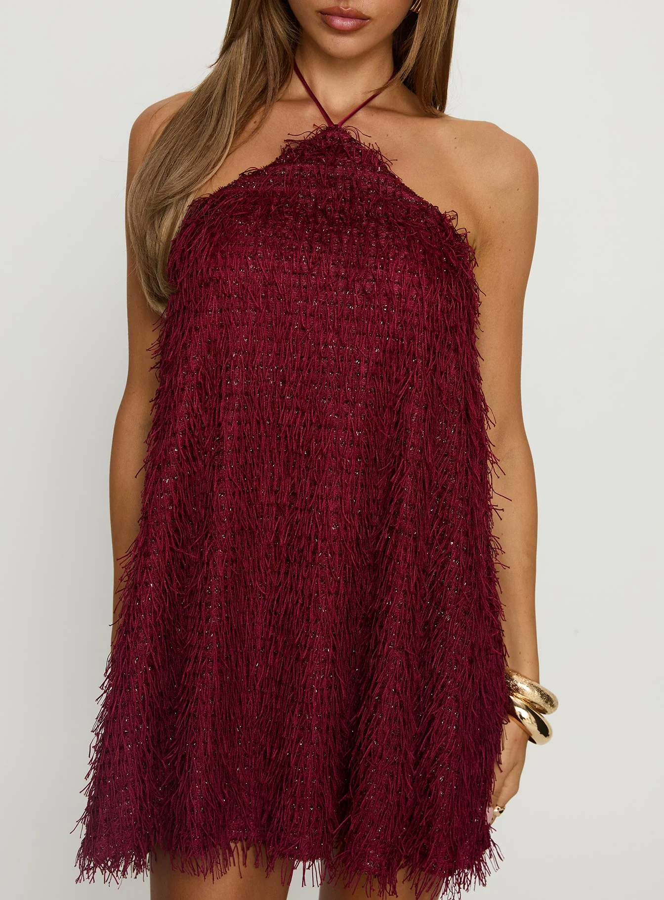 Koressa Halter Fringe Mini Dress Burgundy