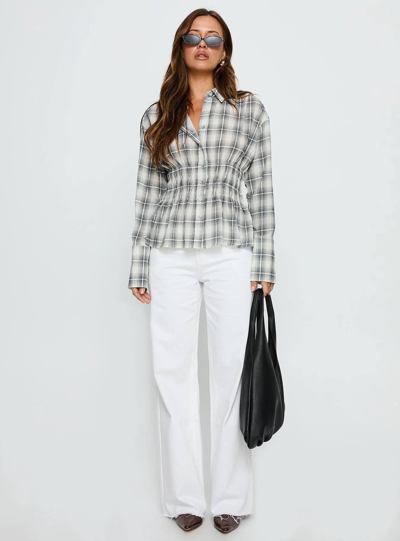 As You Are Shirred Button Up Top Black Check