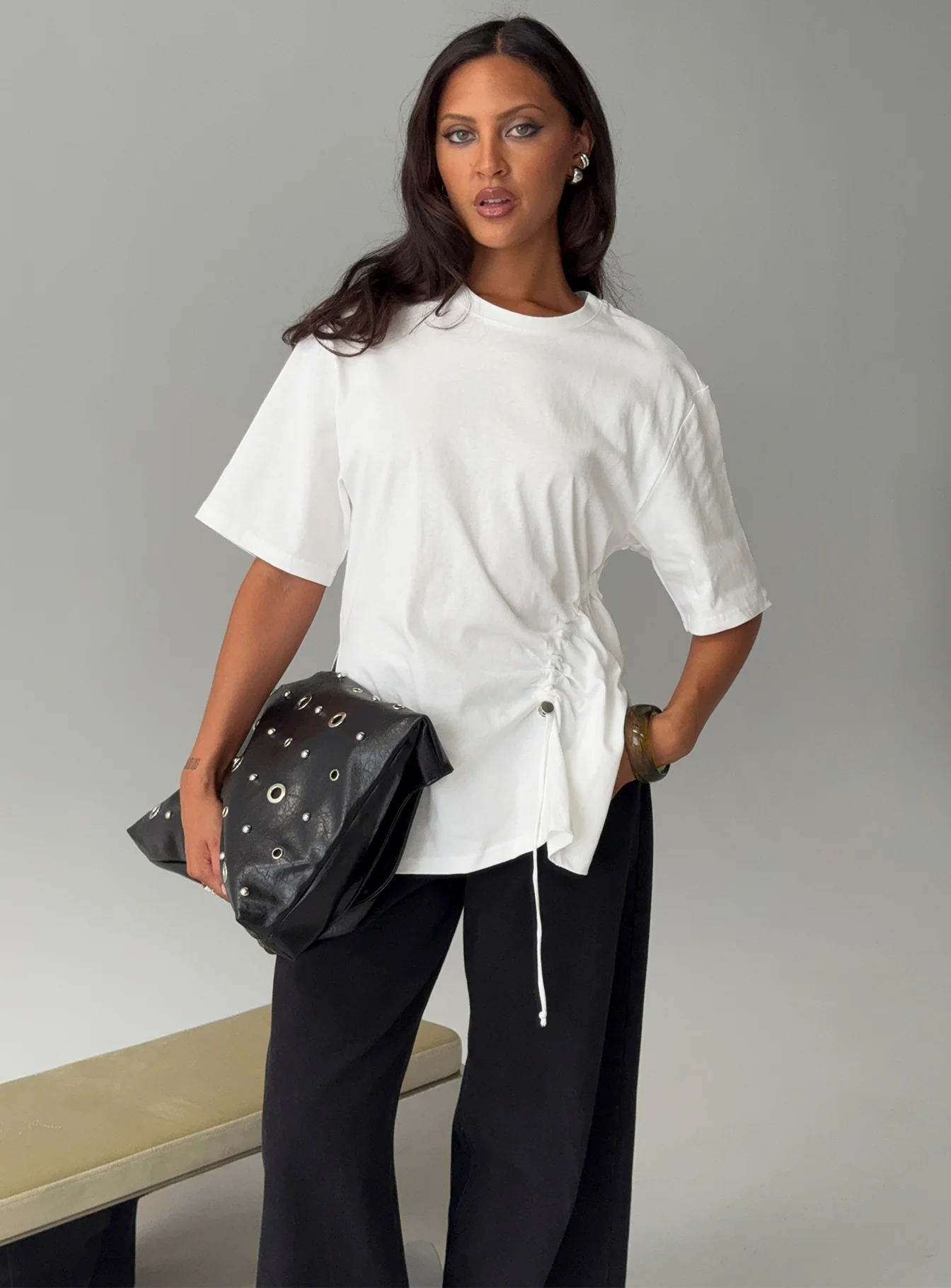 Agnessa Ruched Detail Oversized Tee White