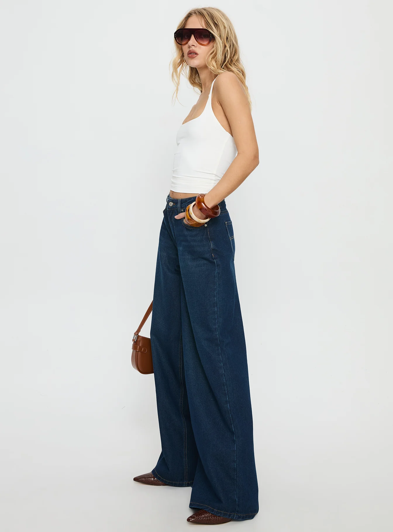 Naylor Mid Rise Wide Leg Jeans Mid Blue Denim
