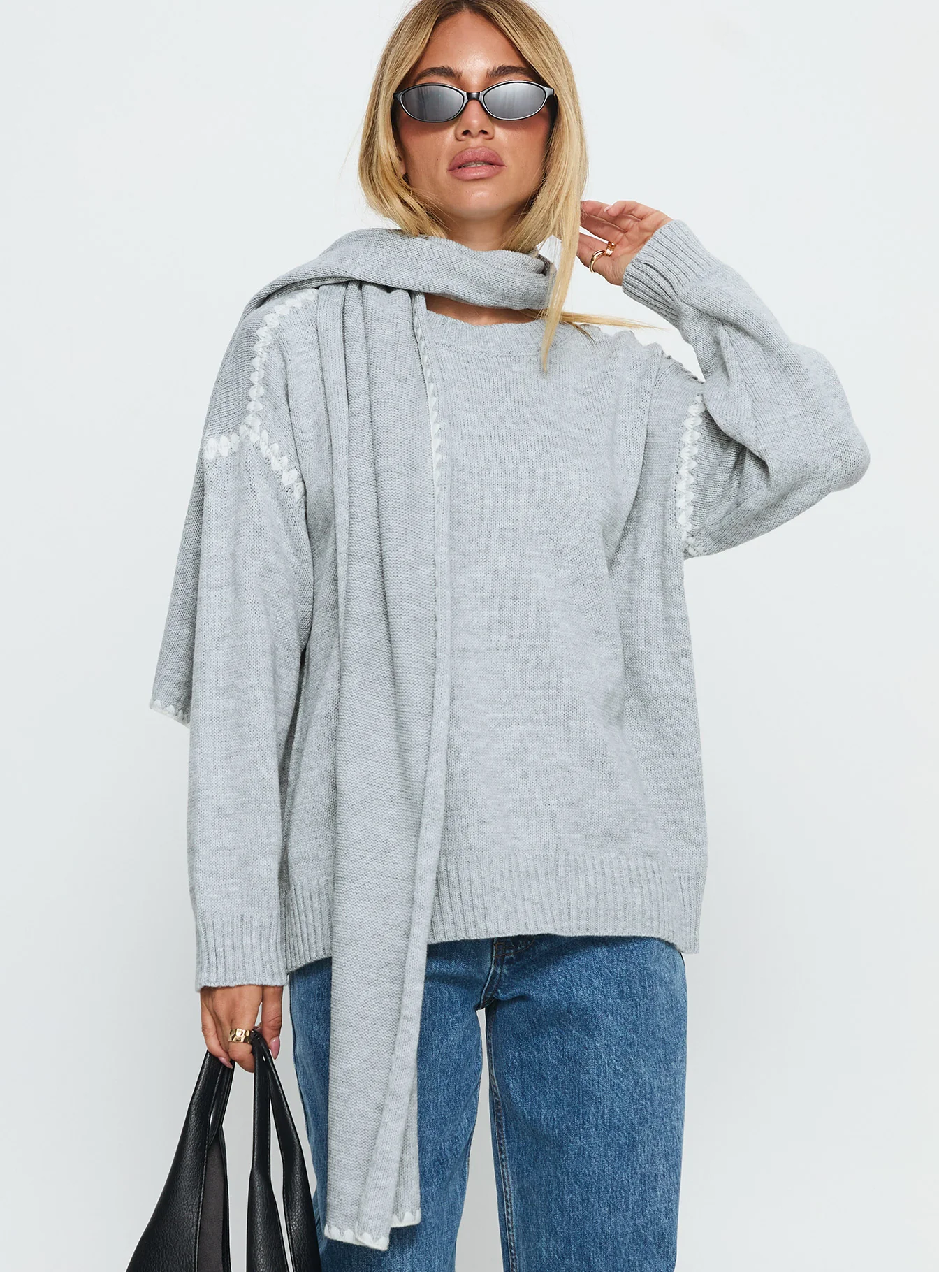 Keriana Contrast Stitch Knit Sweater Grey / White
