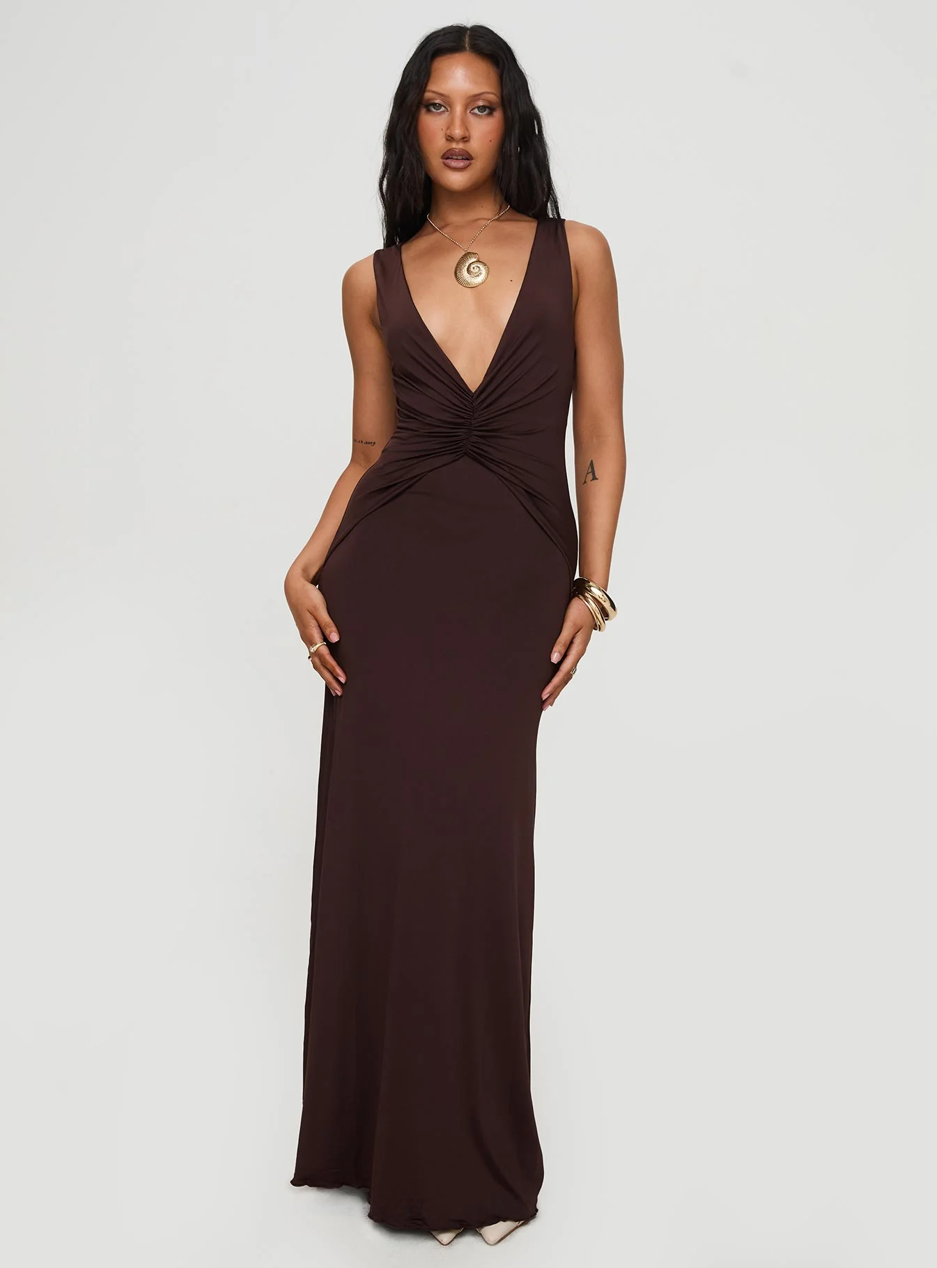 Frederica Plunge Maxi Dress Chocolate Petite