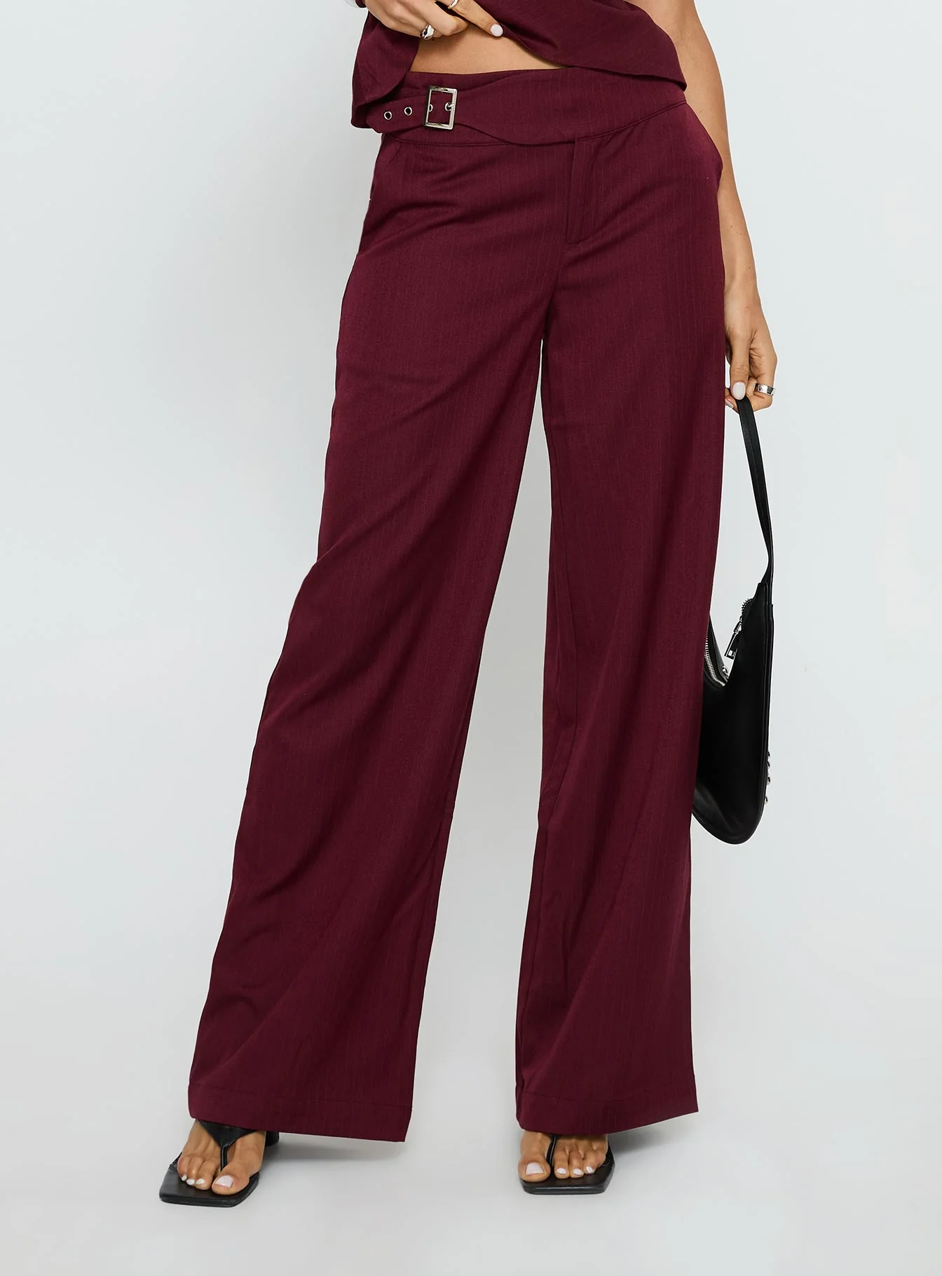 Jinny Relaxed Buckle Tailored Pants Berry Pinstripe