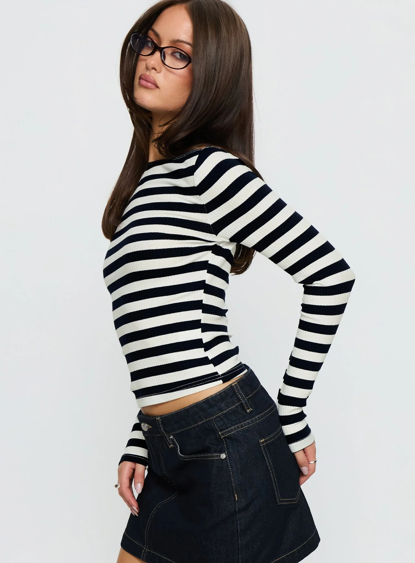Tashana Long Sleeve Off Shoulder Top Navy Stripe