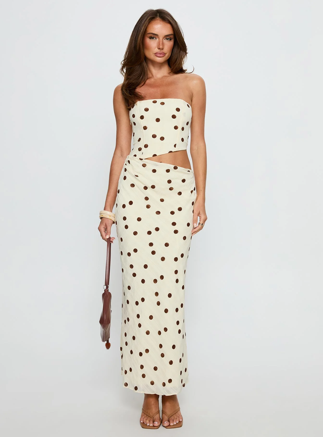 Jasira Strapless Drape Maxi Dress Cream Polka Dot