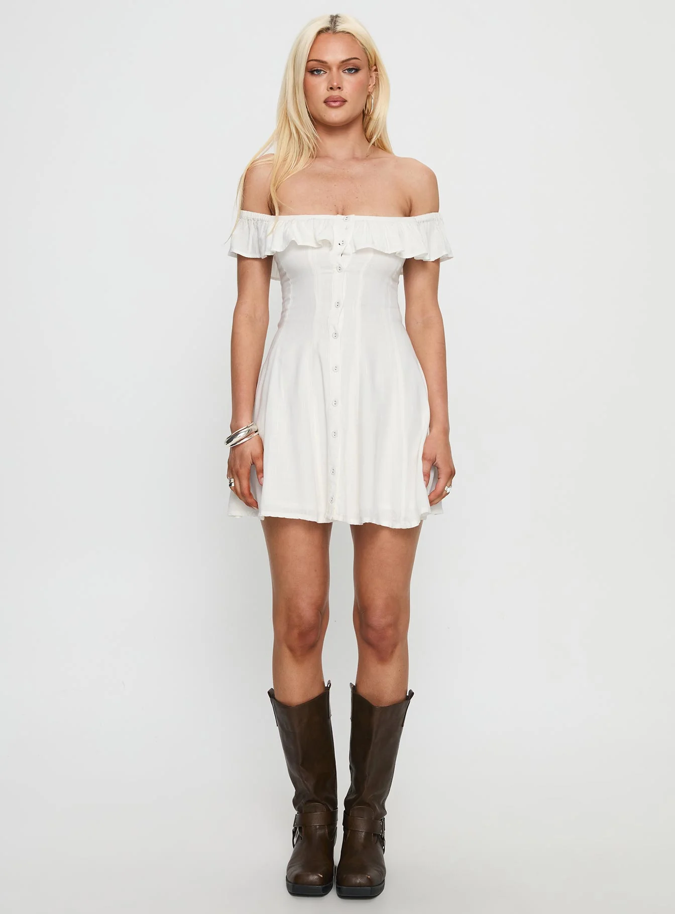 Corail Off Shoulder Frill Mini Dress White