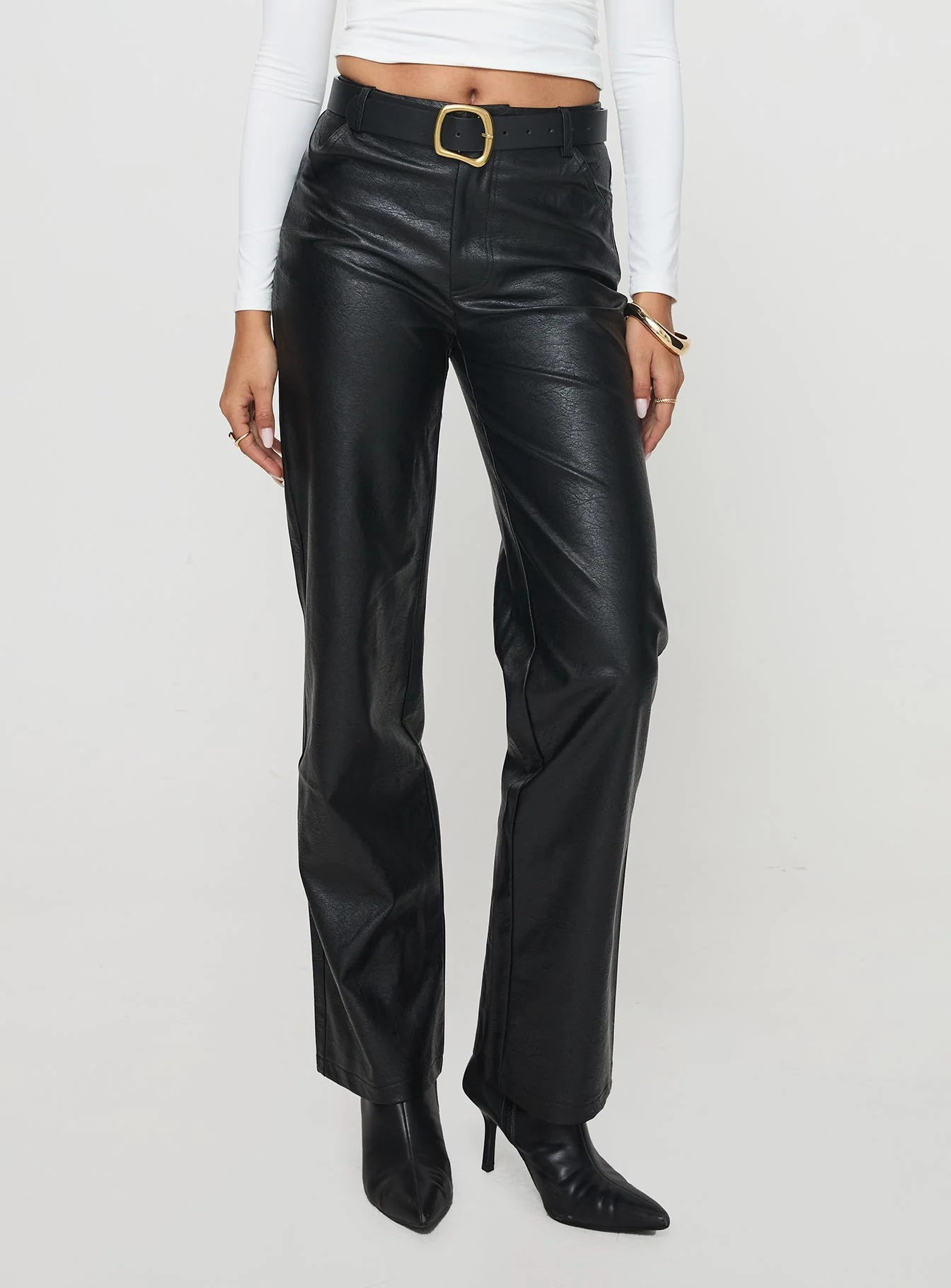 Benner Low Waist Wide Leg Faux Leather Pants Black