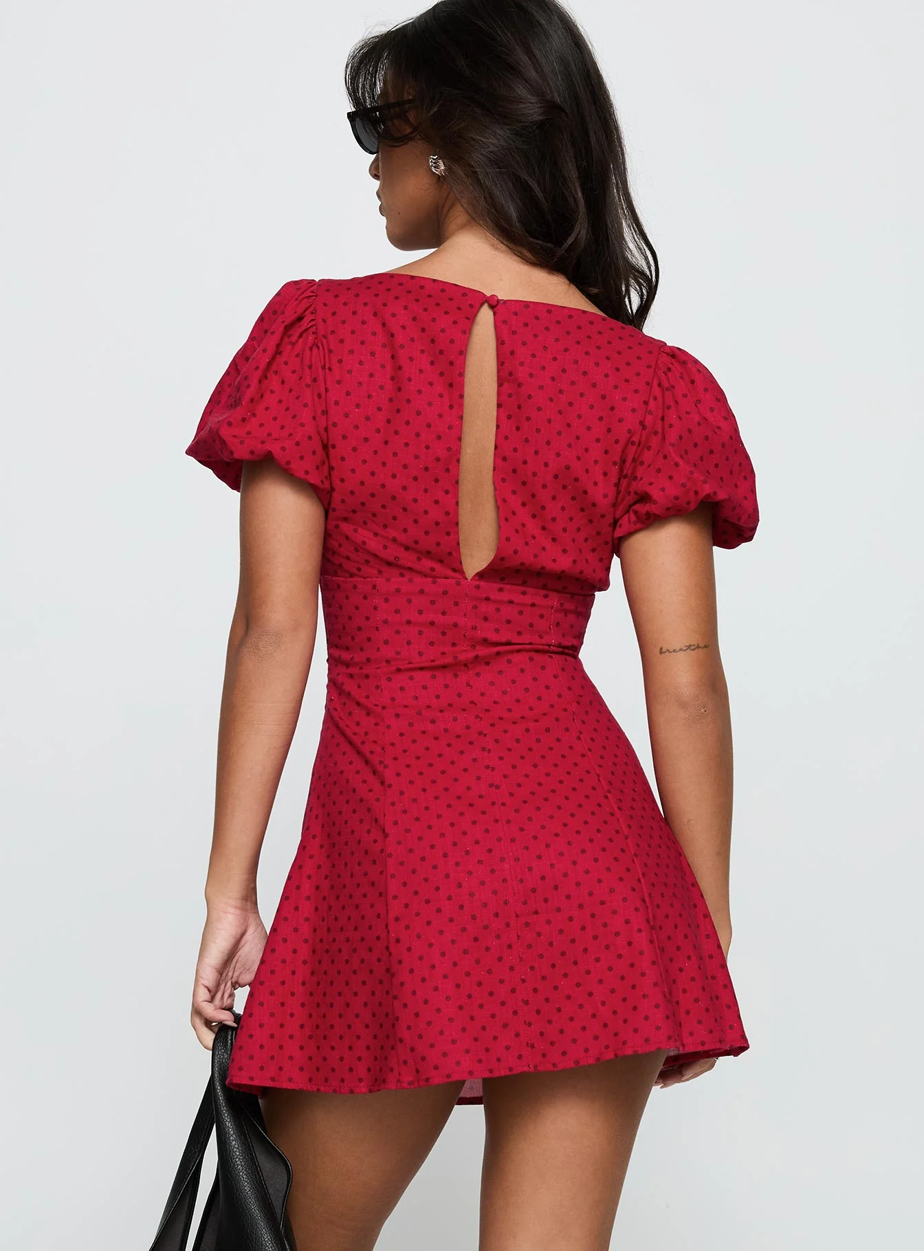 Beloved Puff Sleeve Linen Blend Mini Dress Red Polka