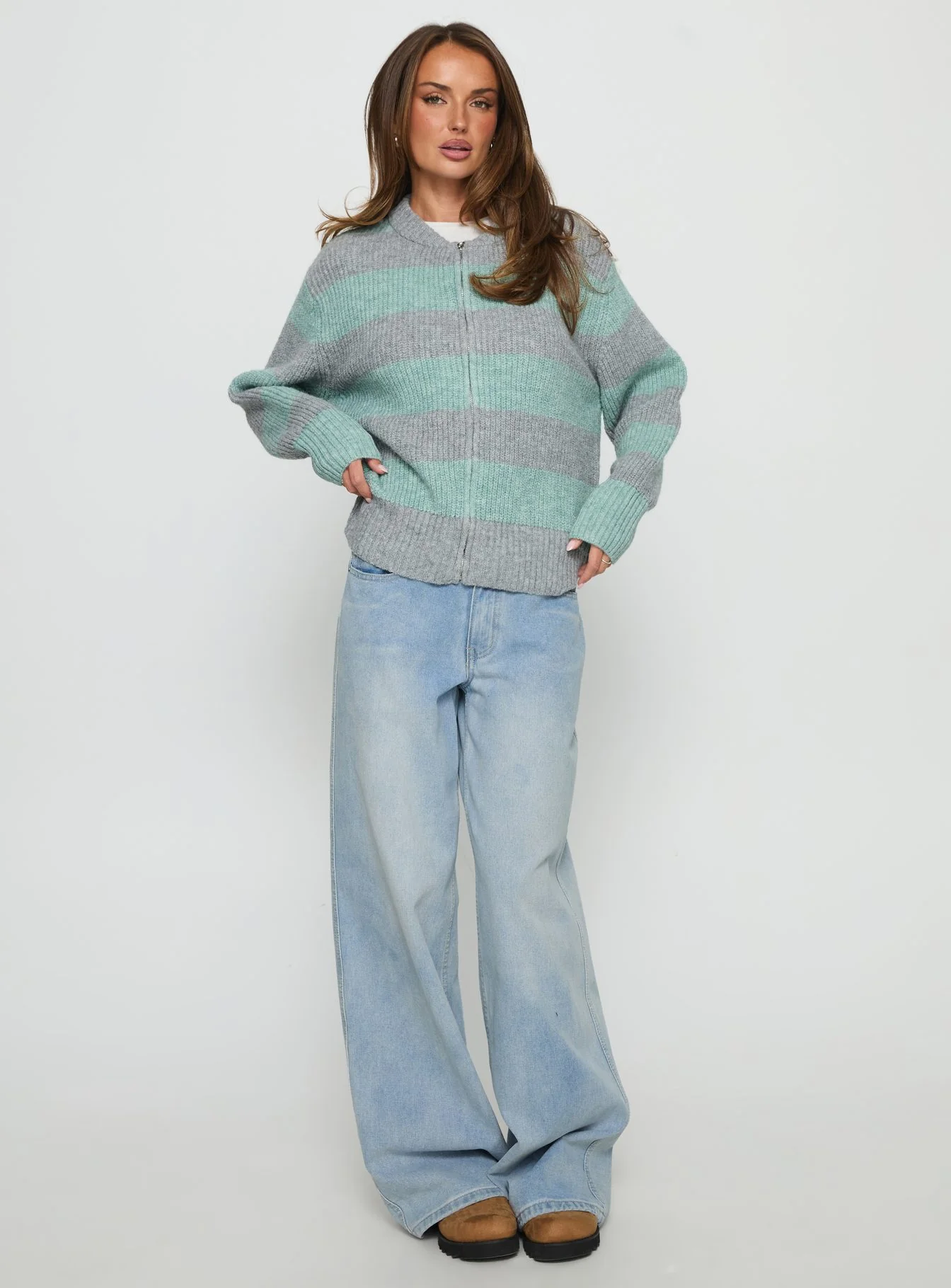 Queena Zip Through Knit Sweater Grey / Blue Stripe
