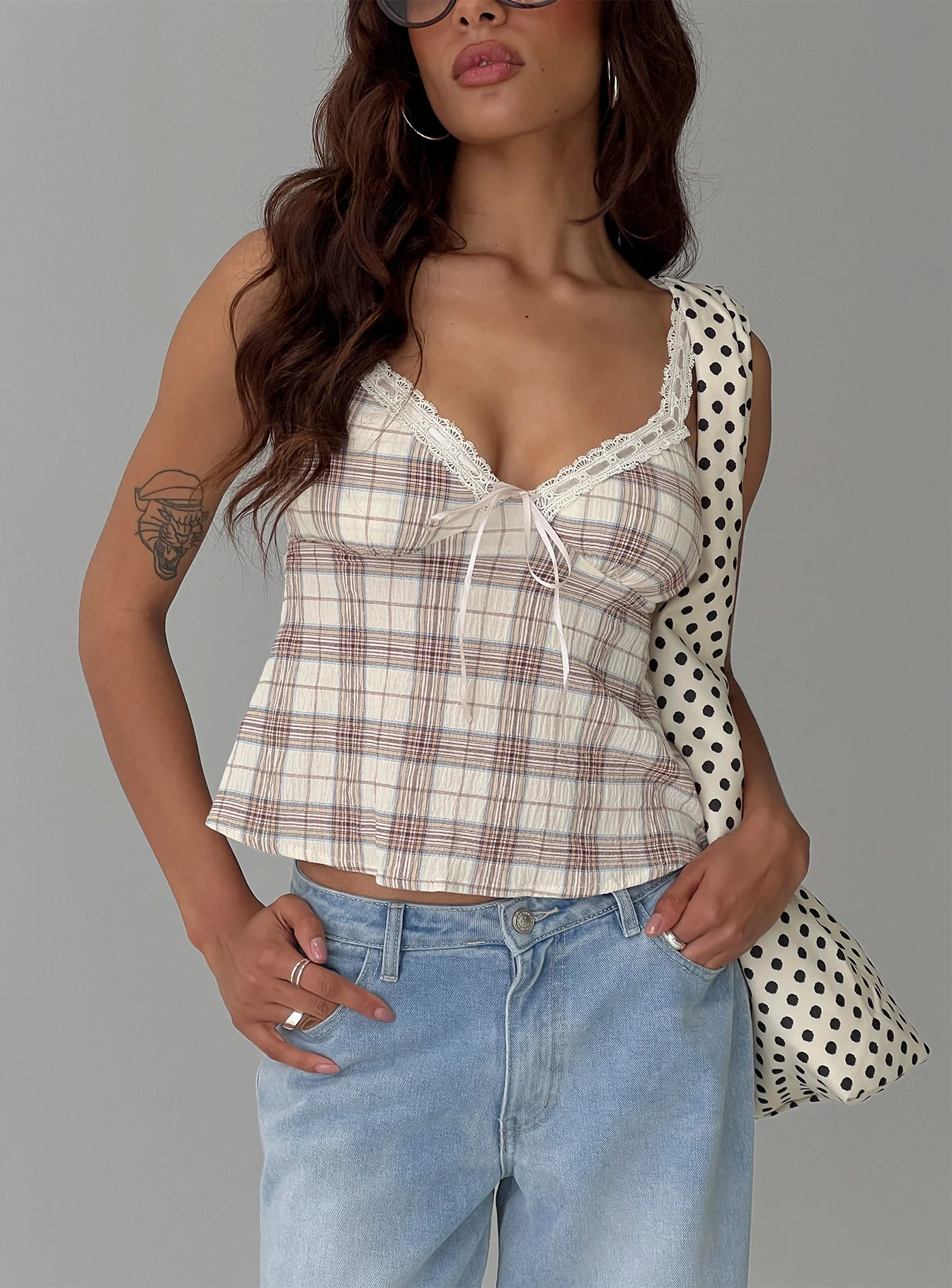 Pretty It Up Tie Detail Top Beige Check