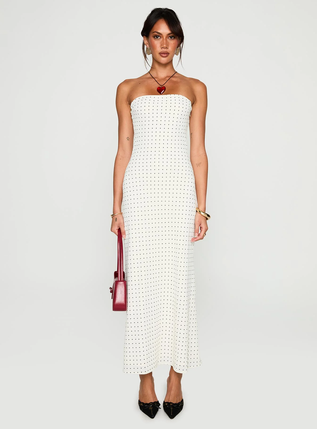Just For Fun Strapless Maxi Dress White Polka Dot