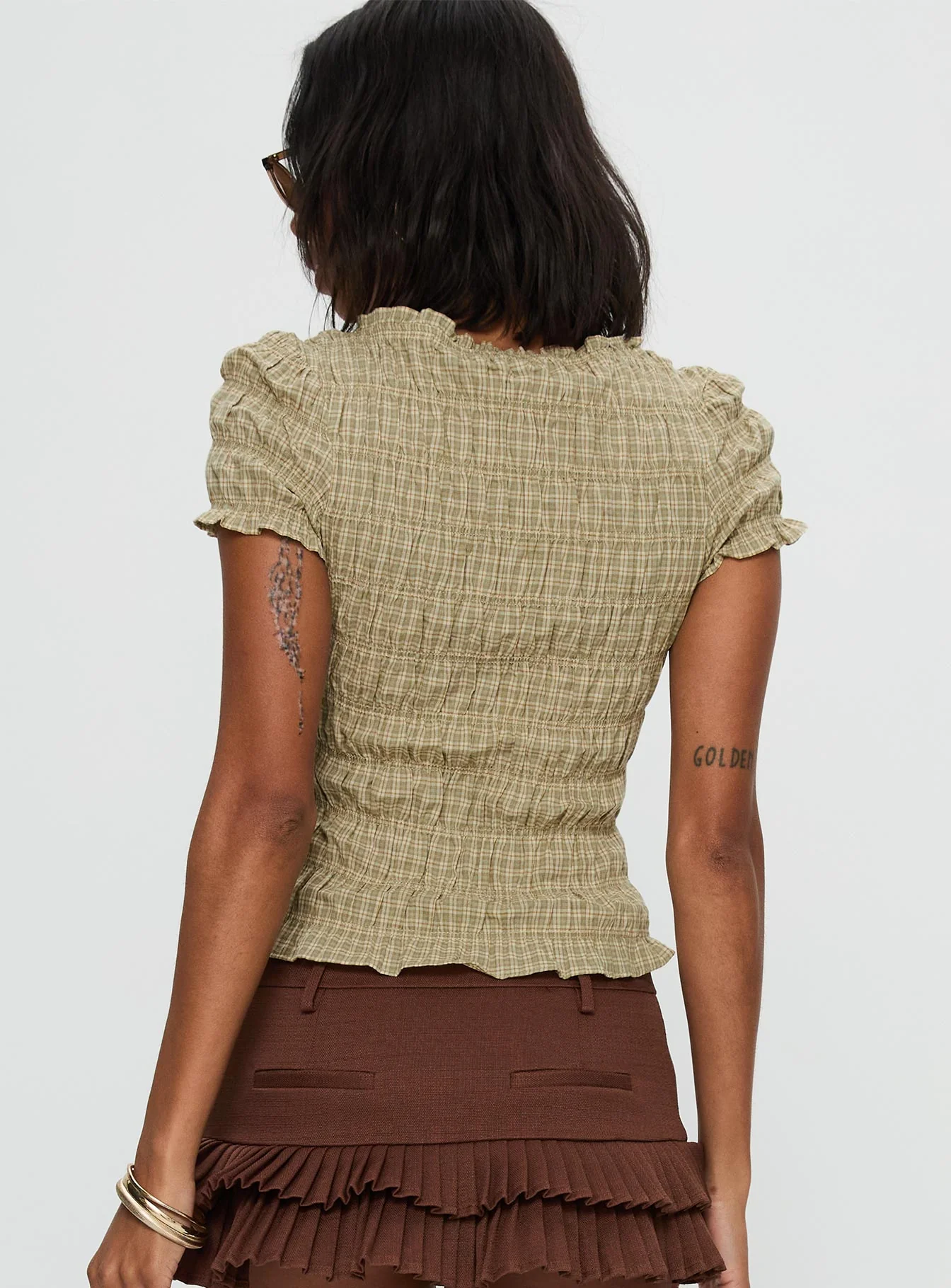 Romelle Shirred Top Green / Brown Plaid