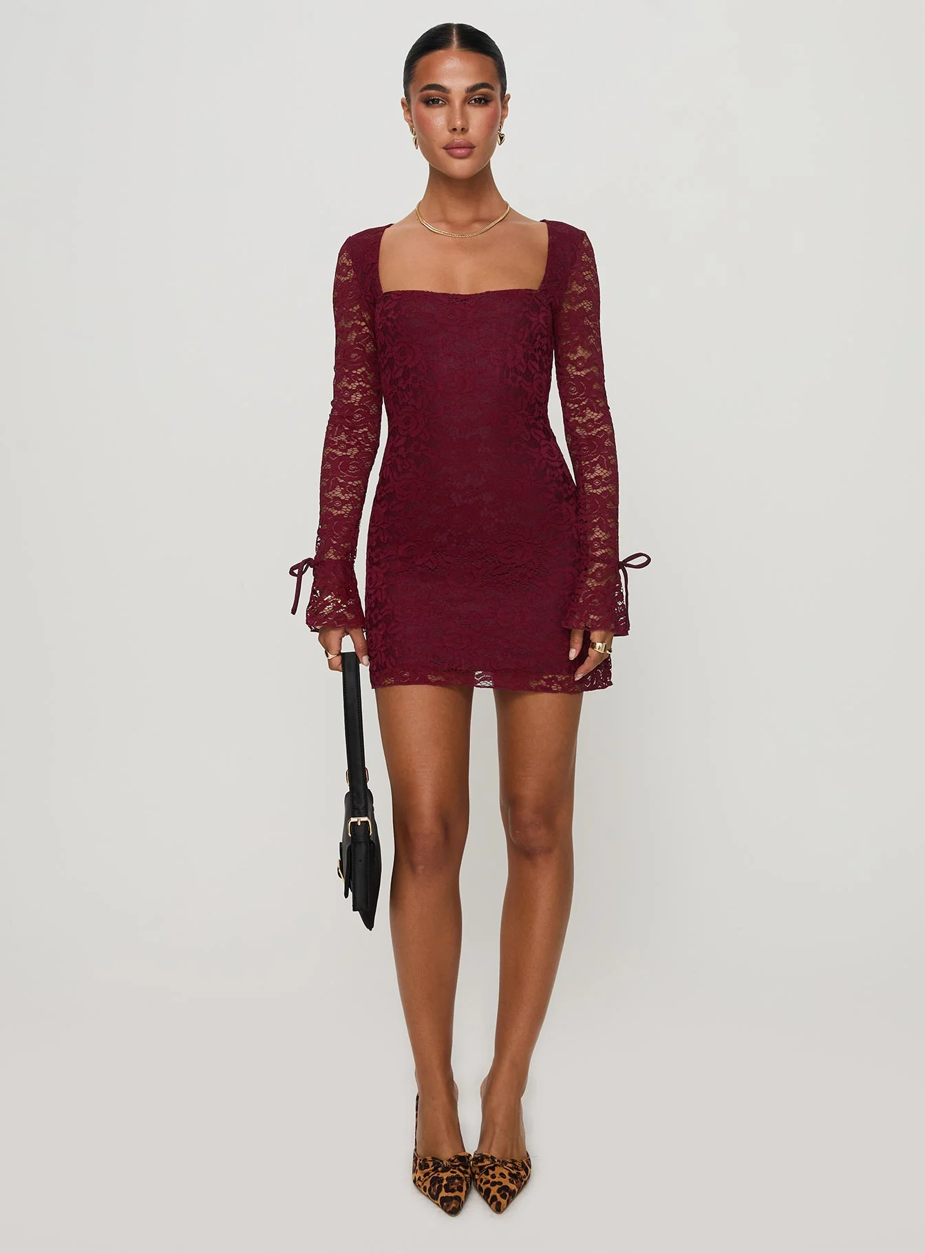 Lucianna Long Sleeve Lace Mini Dress Burgundy