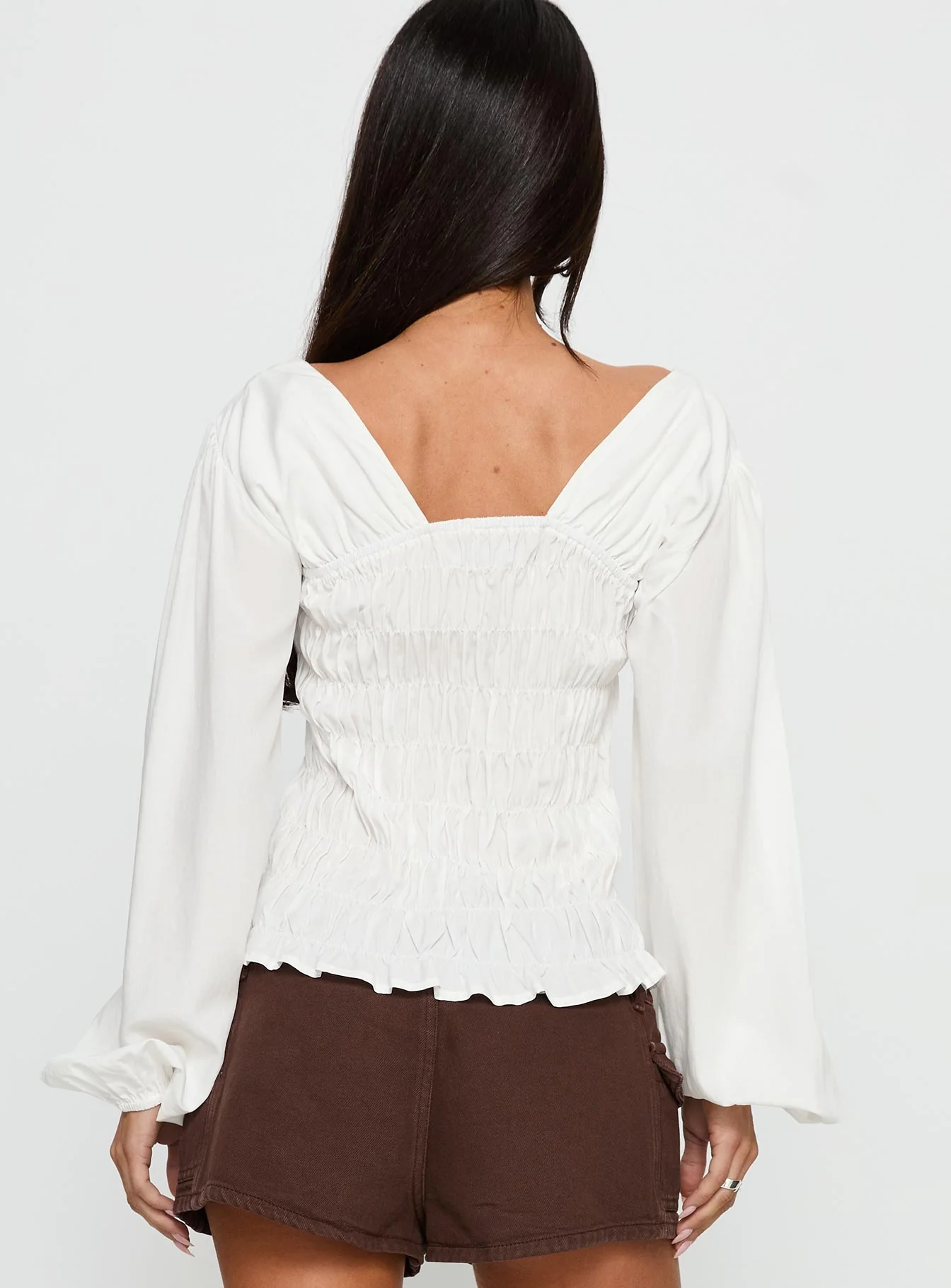 Lynnea Long Sleeve Shirred Top White