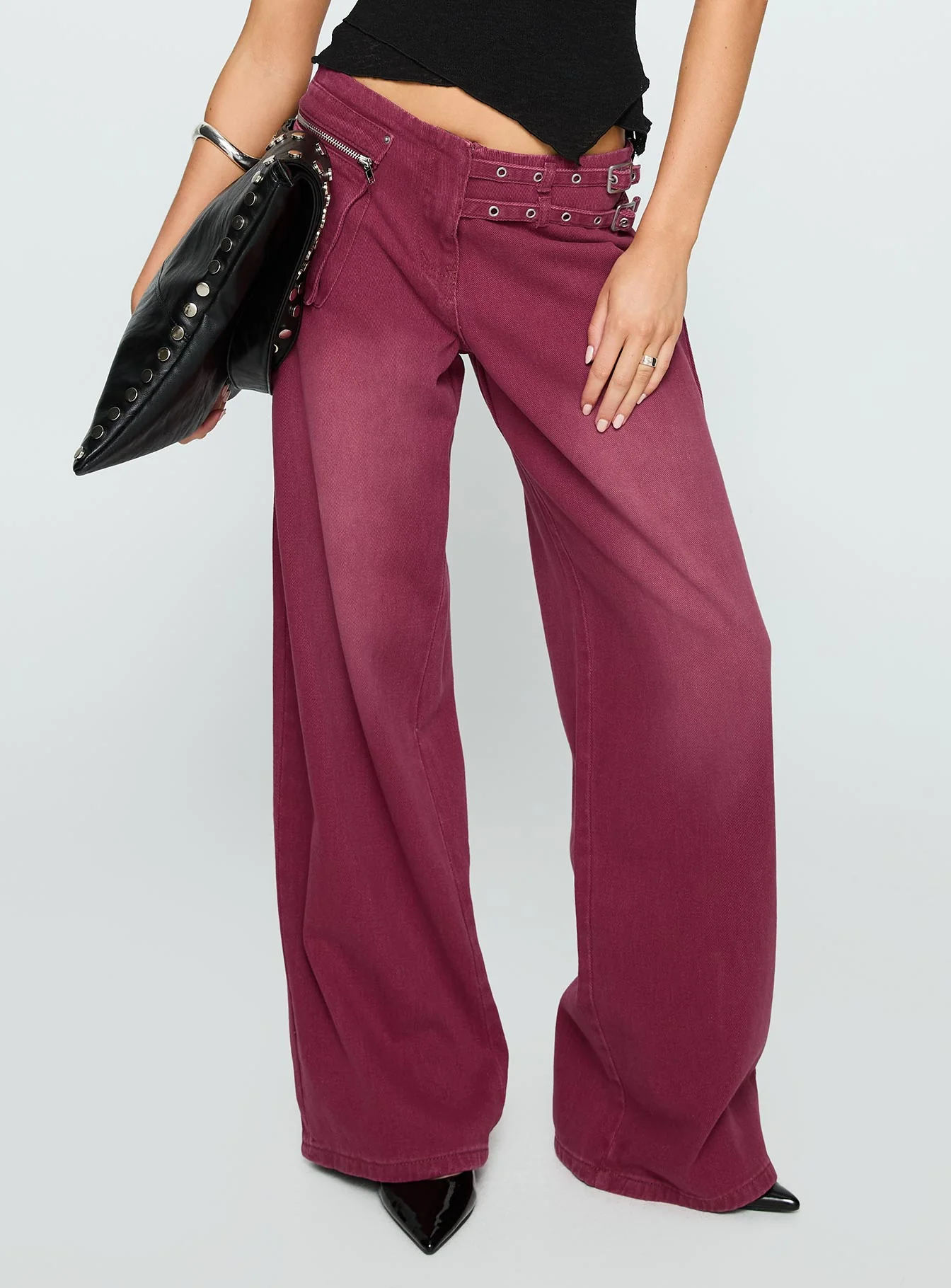 Paltrow Mid Rise Wide Leg Cargo Jeans Washed Burgundy