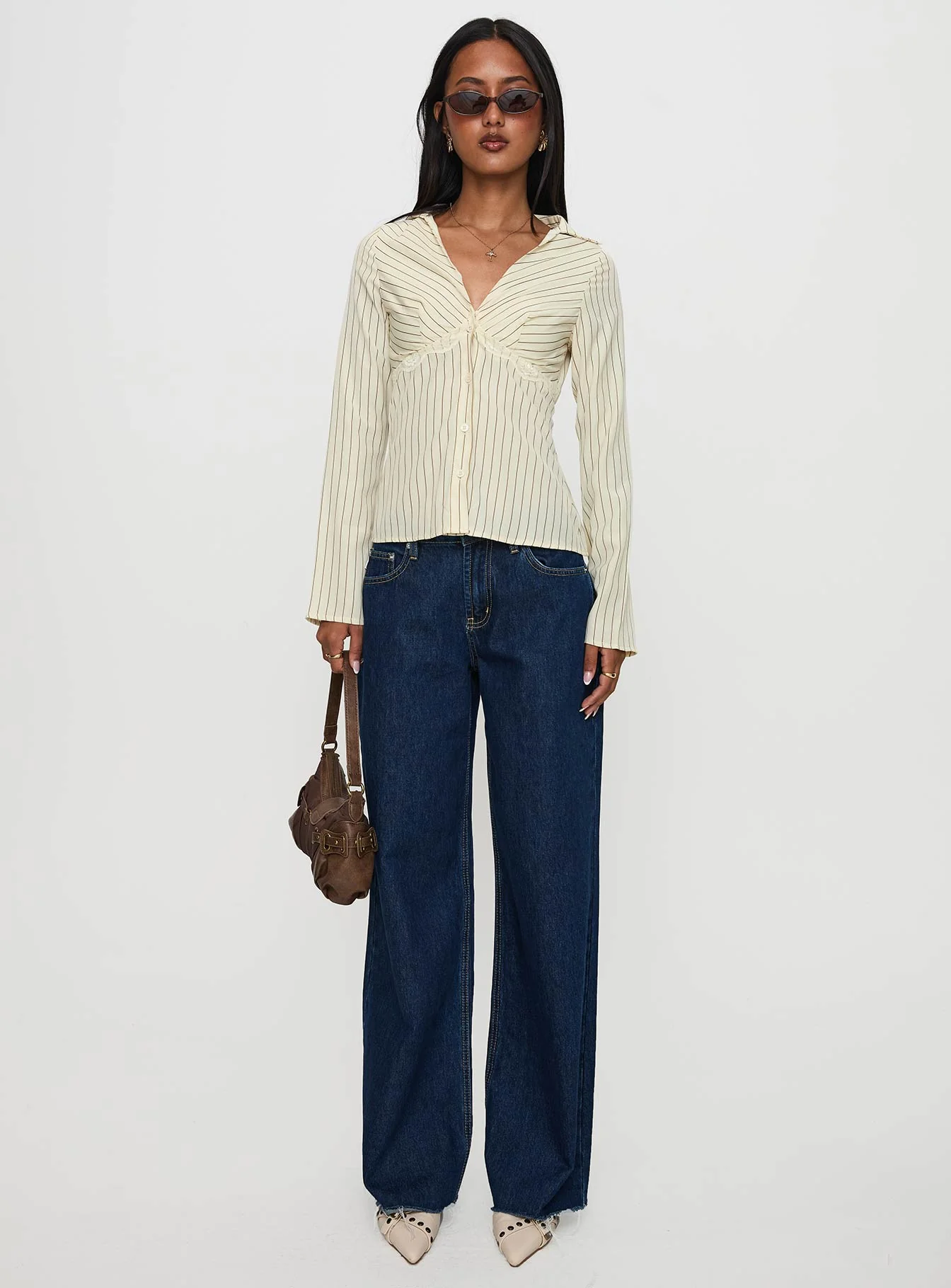 Life Begins Long Sleeve Lace Trim Top Cream Stripe