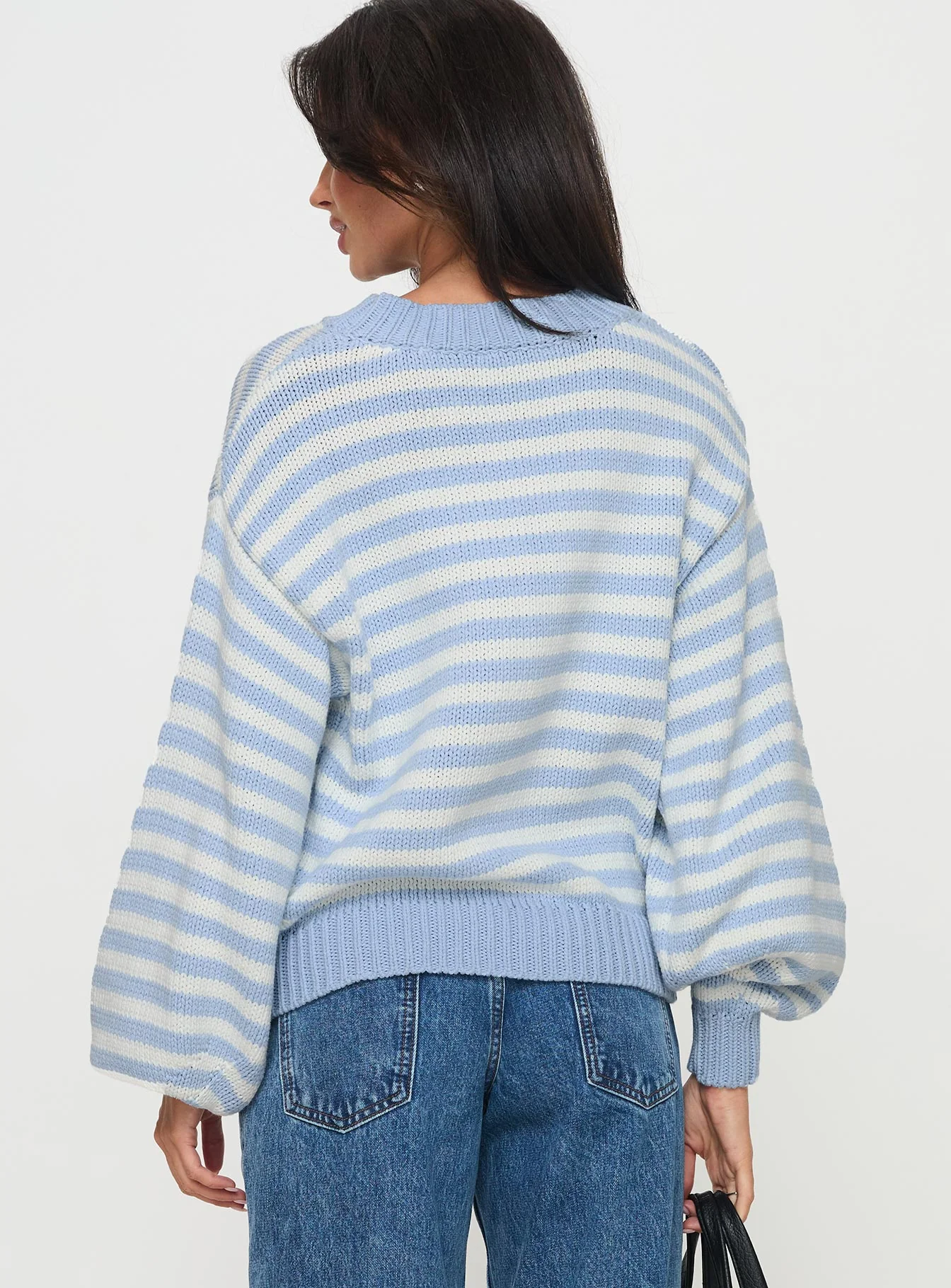 Harmony Balloon Sleeve Knit Sweater Blue / White Stripe