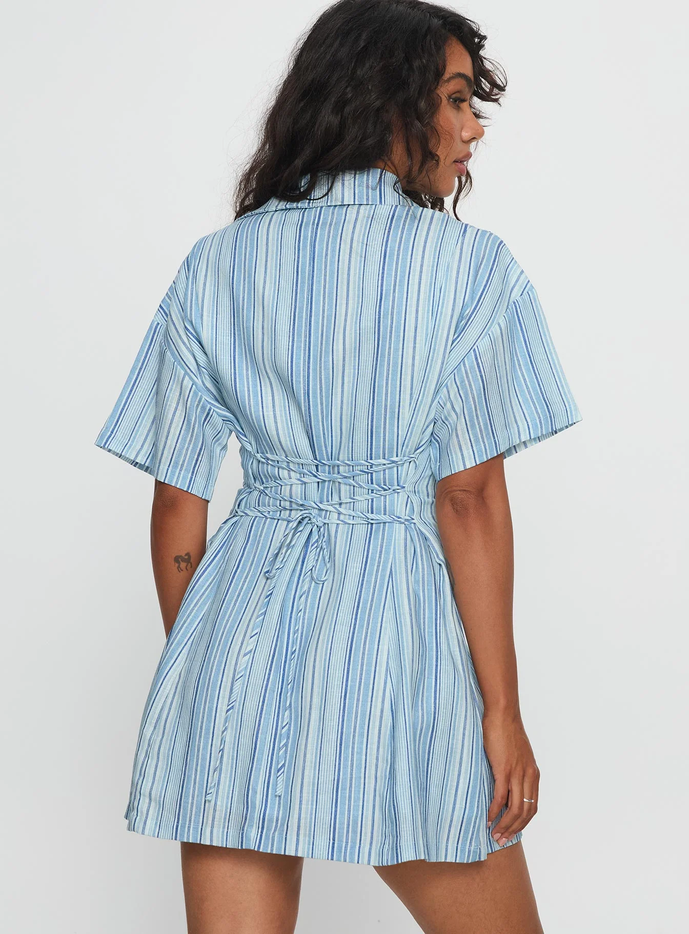 Wylla V Neck Linen Mini Dress Blue Stripe