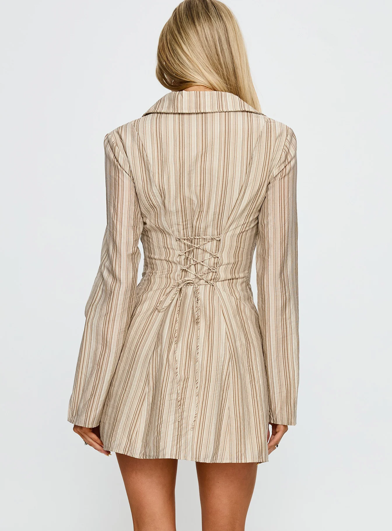 In Your Arms Long Sleeve Tie Back Mini Dress Brown Stripe