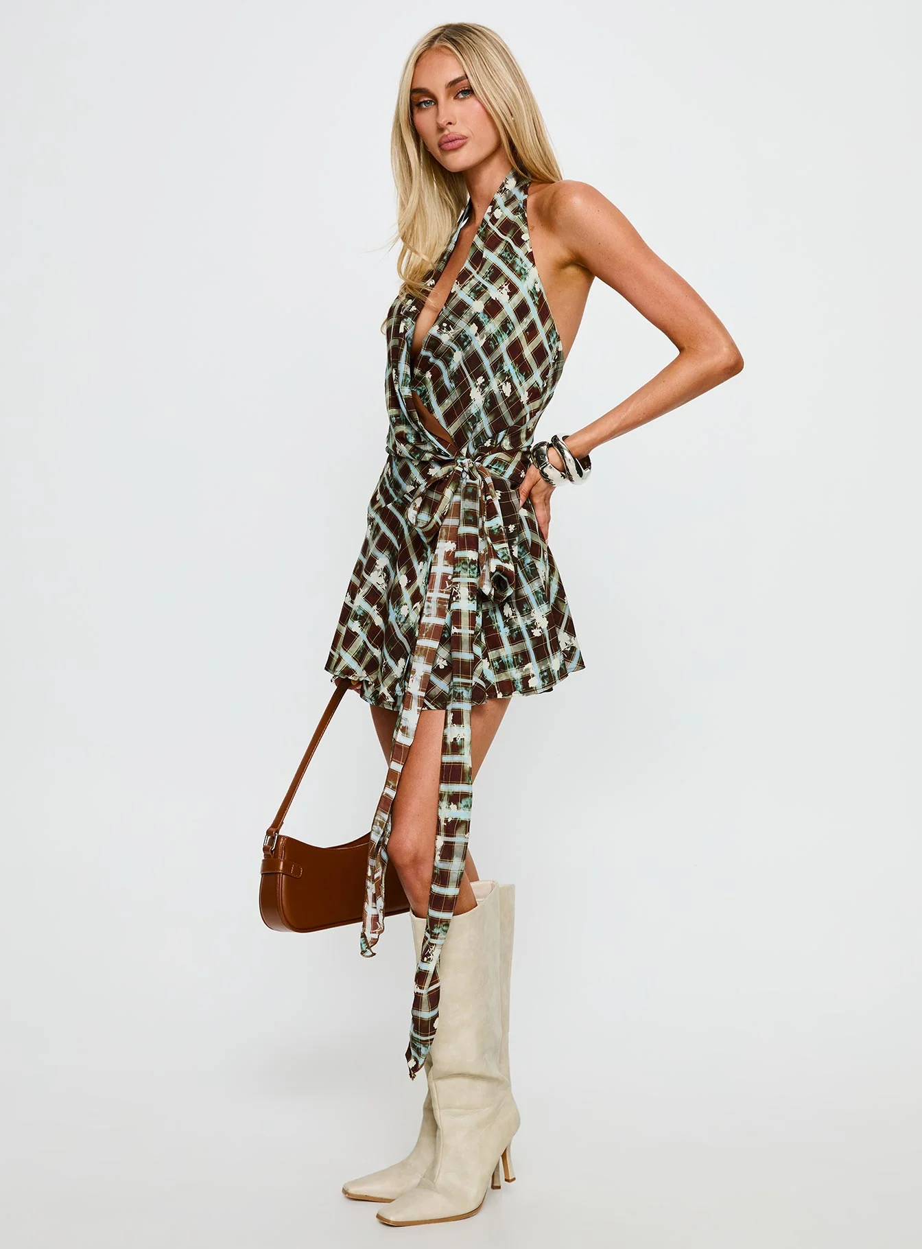 Brissa Halter Wrap Mini Dress Brown Multi