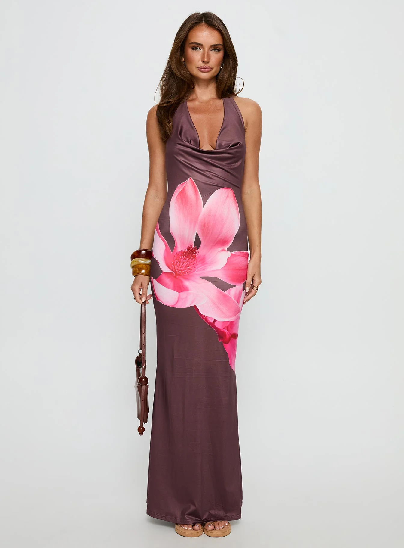 Raleina Halter Cowl Neck Maxi Dress Brown Floral