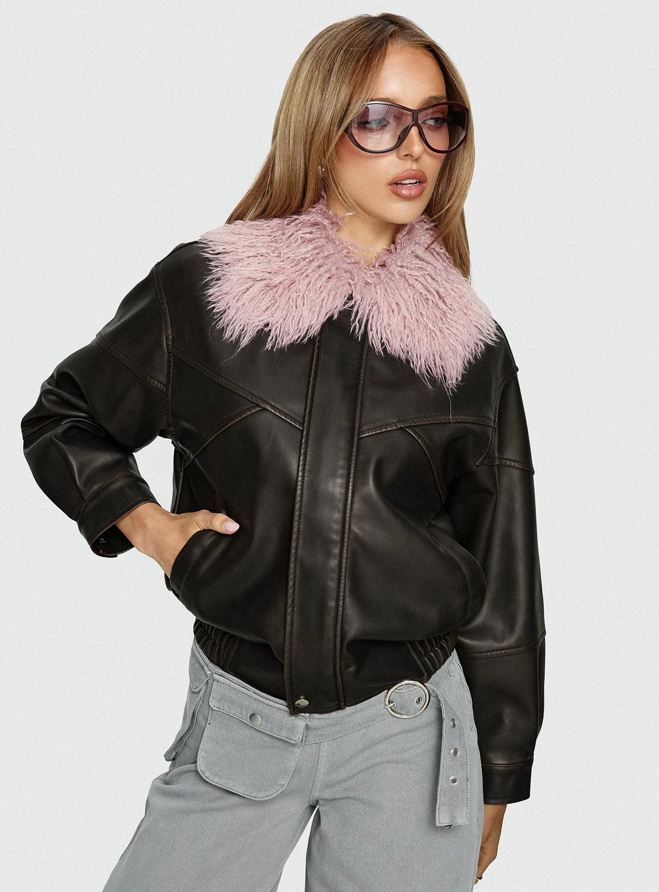 Brittanni Fluffy Collar Jacket Brown / Pink