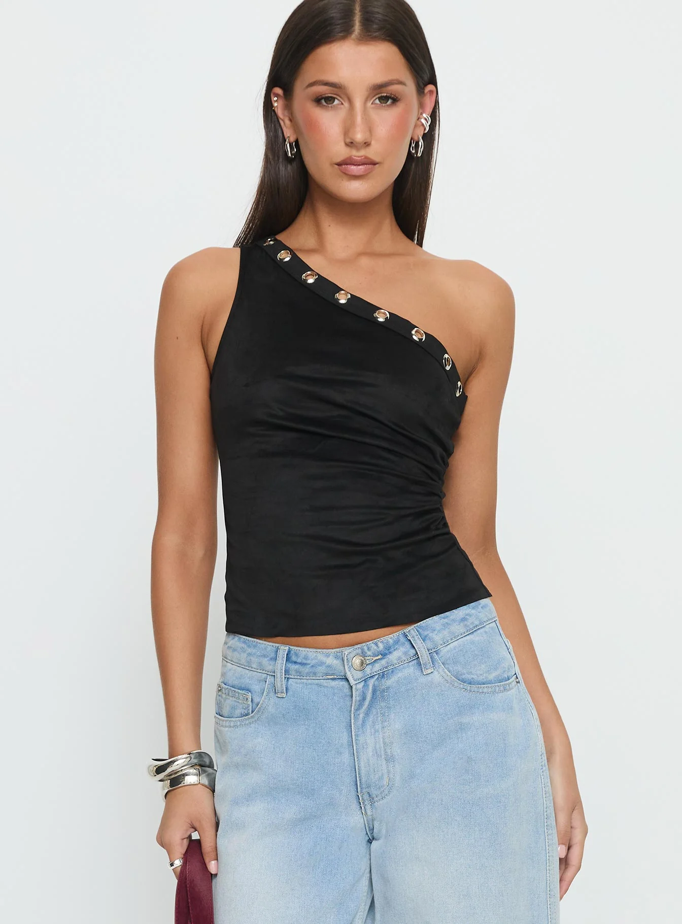 Sophy Studded One Shoulder Top Black