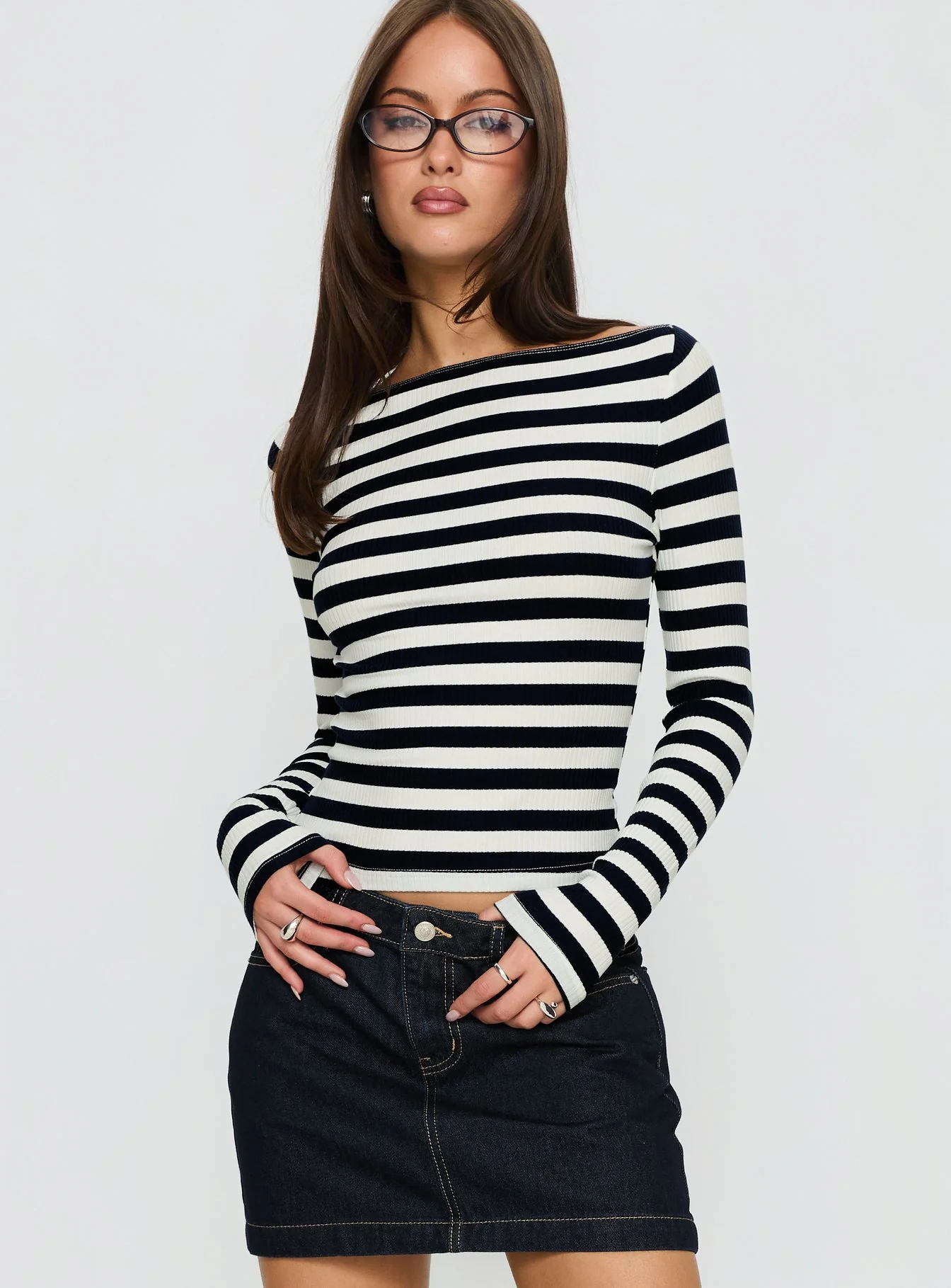Tashana Long Sleeve Off Shoulder Top Navy Stripe