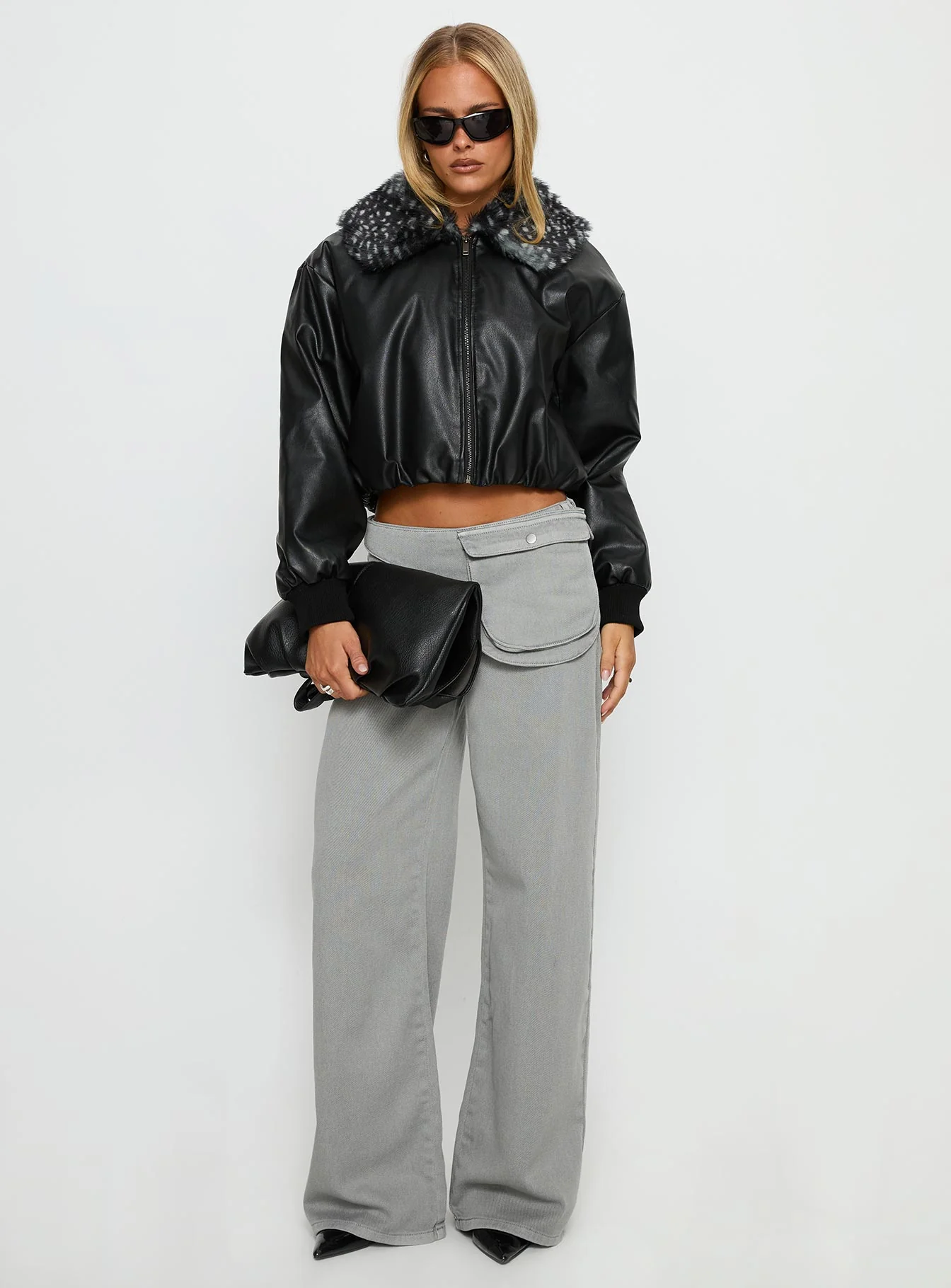 Koemi Faux Leather Collared Jacket Black