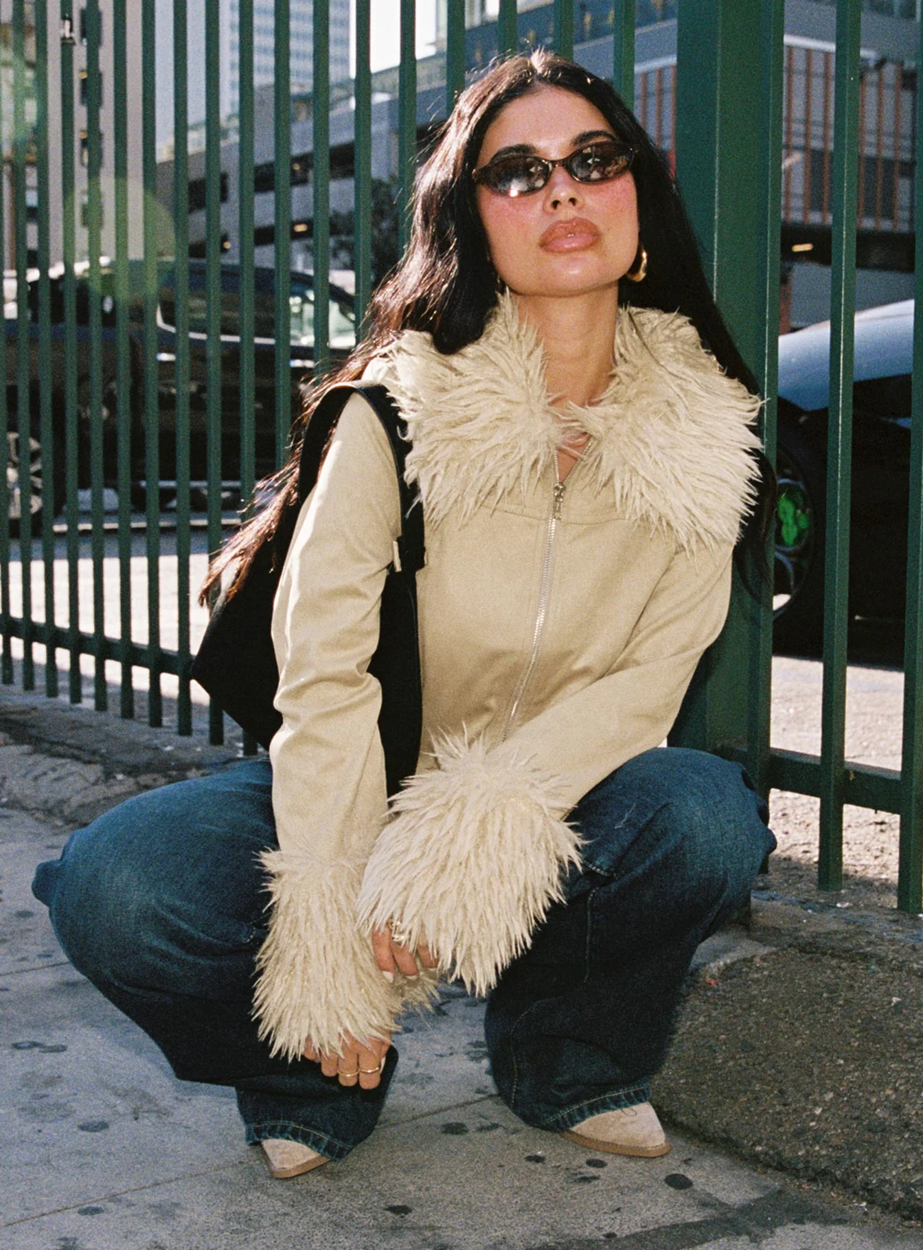 Jeanna Suede Faux Fur Detail Jacket Beige