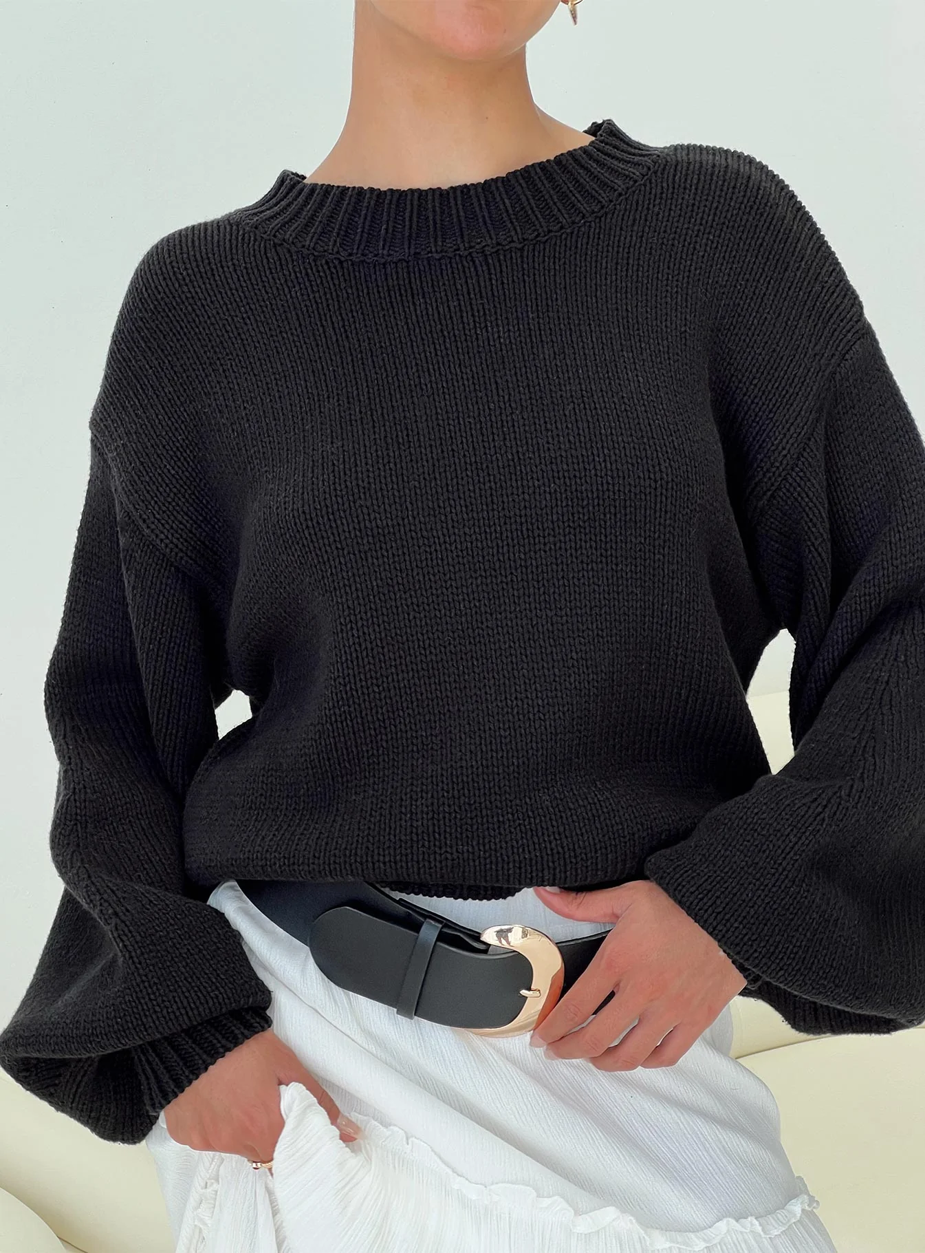 Harmony Balloon Sleeve Knit Sweater Black