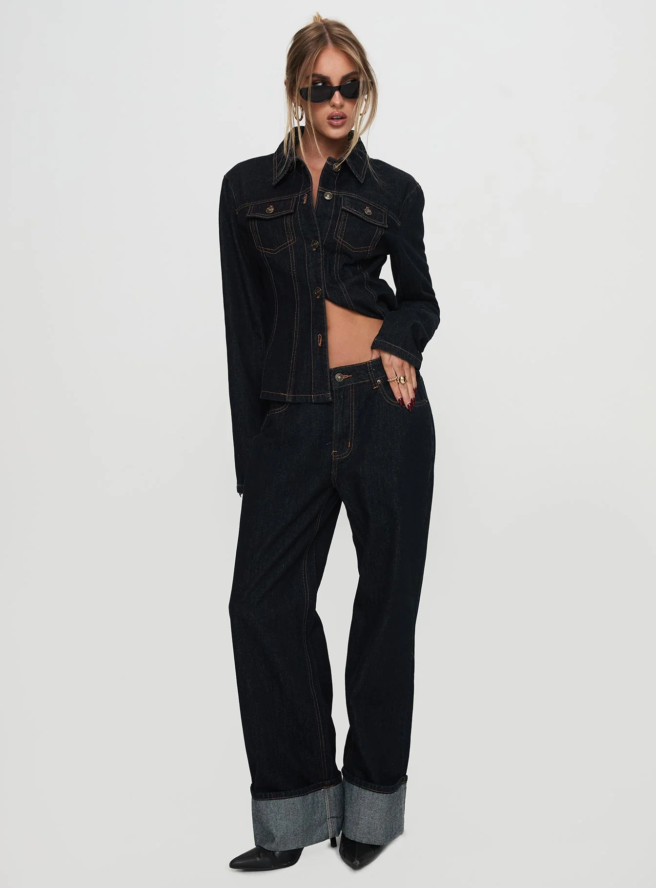Top Model Low Rise Straight Leg Cuffed Jean Dark Denim