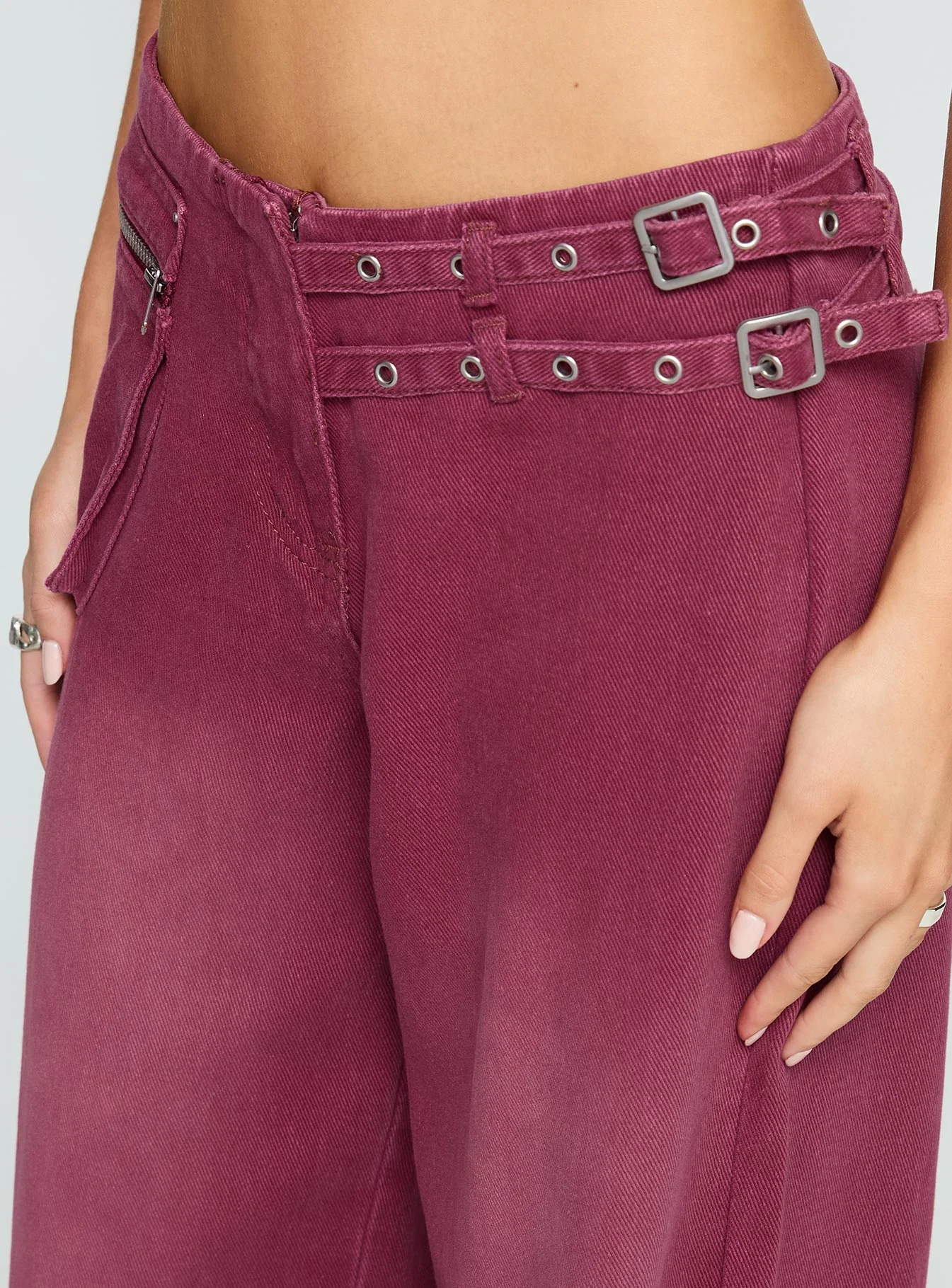 Paltrow Mid Rise Wide Leg Cargo Jeans Washed Burgundy