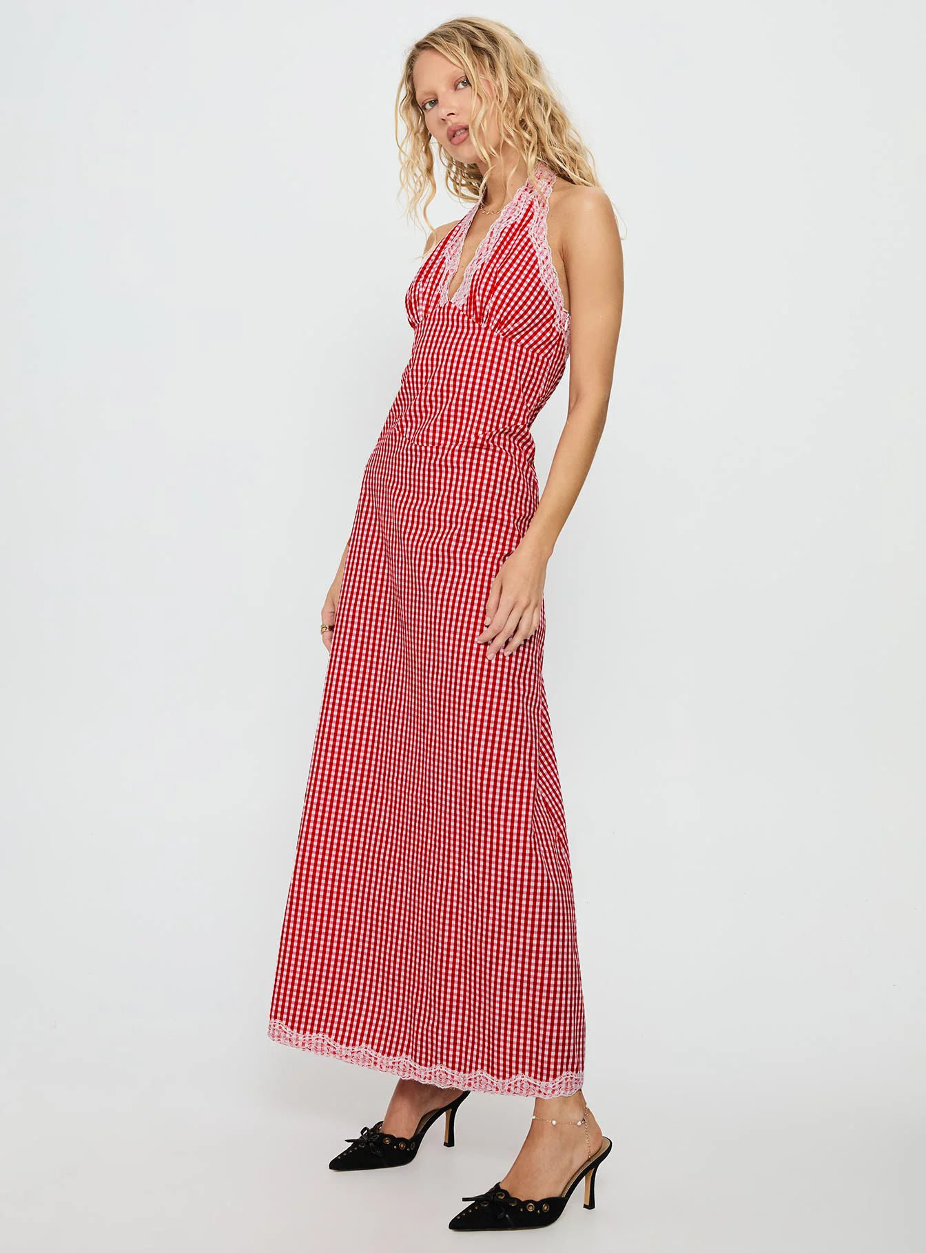 Betsie Halter Lace Maxi Dress Red Gingham