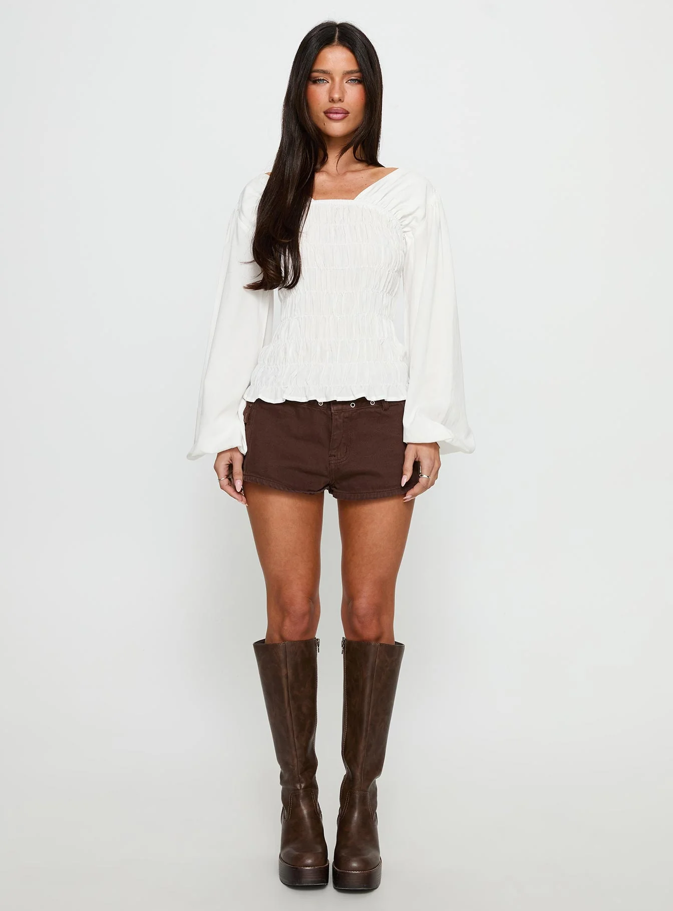 Lynnea Long Sleeve Shirred Top White