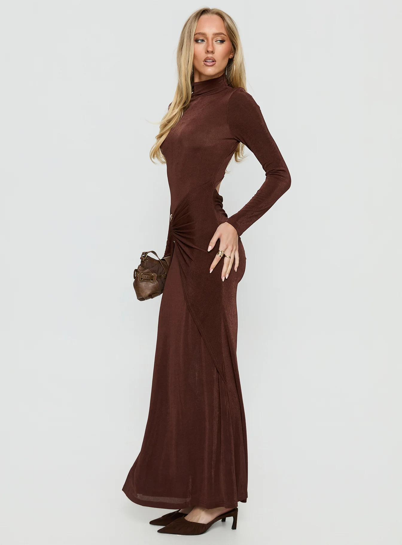 Yaqueline Long Sleeve Ruched Maxi Dress Chocolate