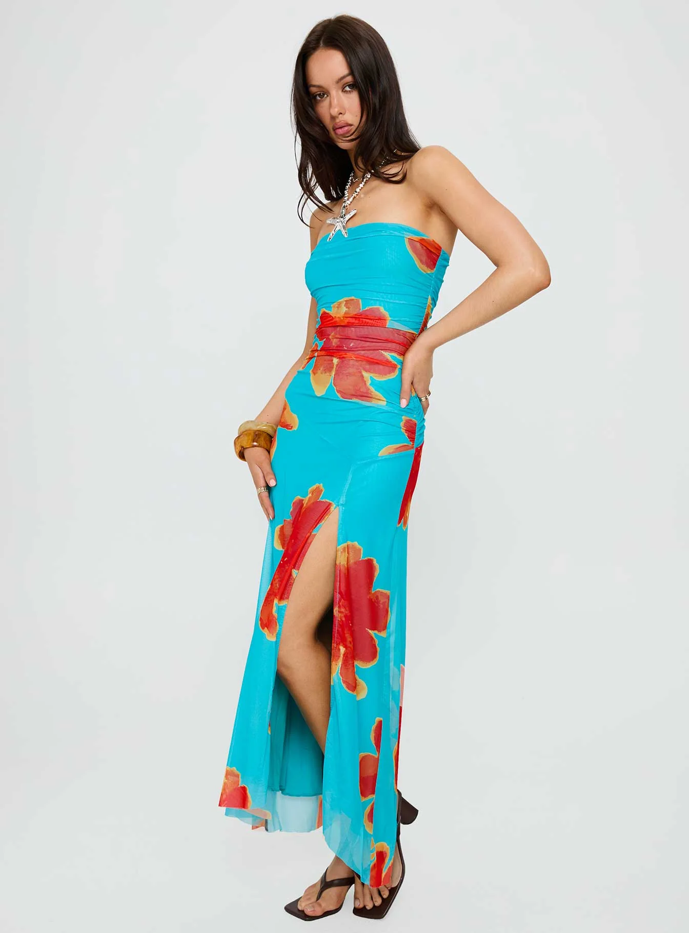 Katara Strapless Maxi Dress Blue / Orange Floral