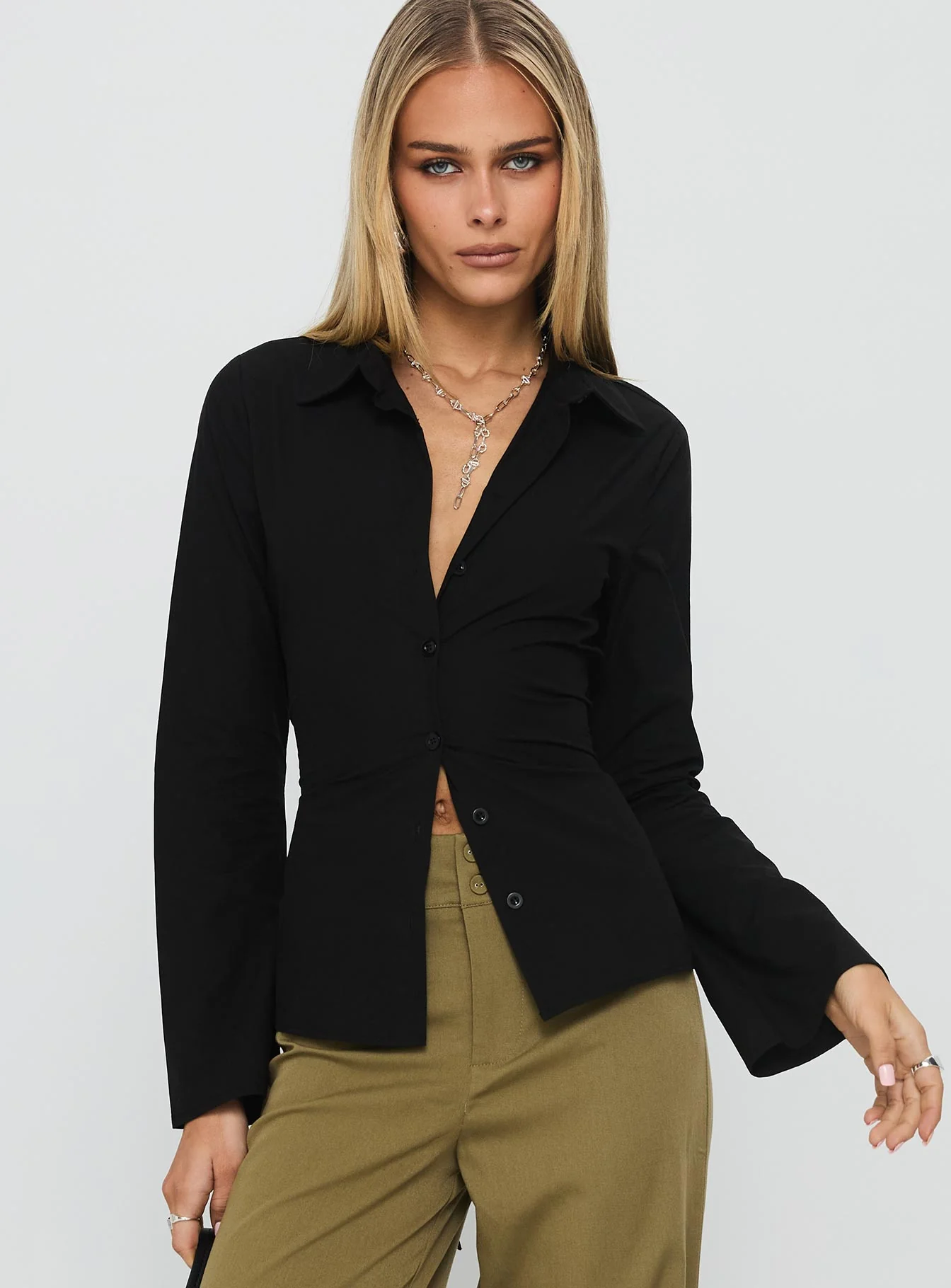 Eryx Tie Back Button Up Top Black