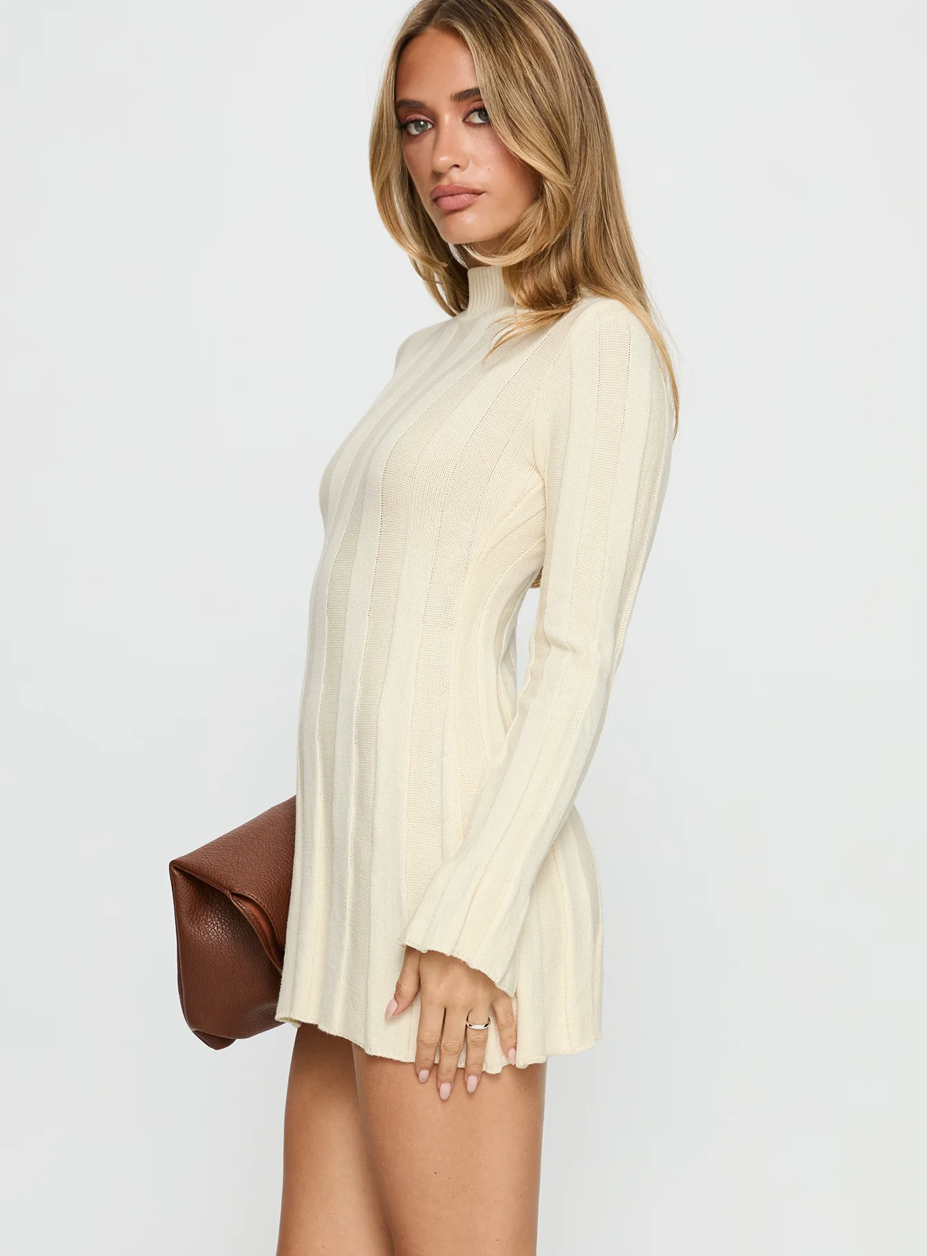 Carlee Rib Long Sleeve Mini Dress Cream