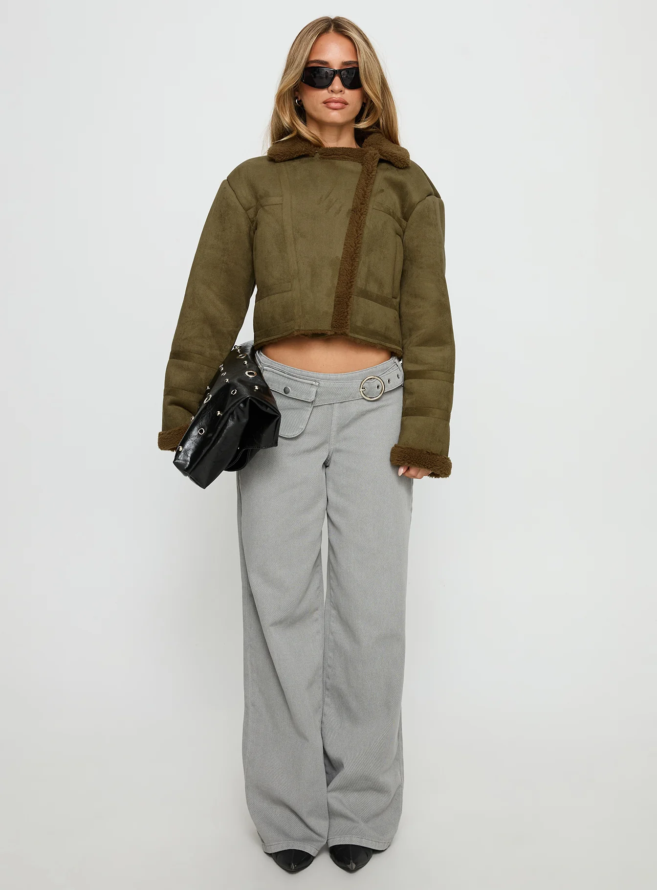 Swooning Cropped Faux Suede Jacket Green