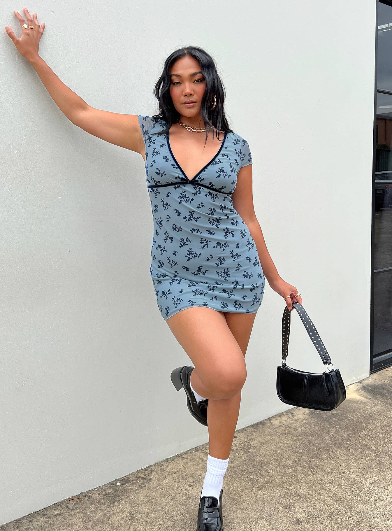 Motel Evilia Dress Light Blue Black Botanist Flocking