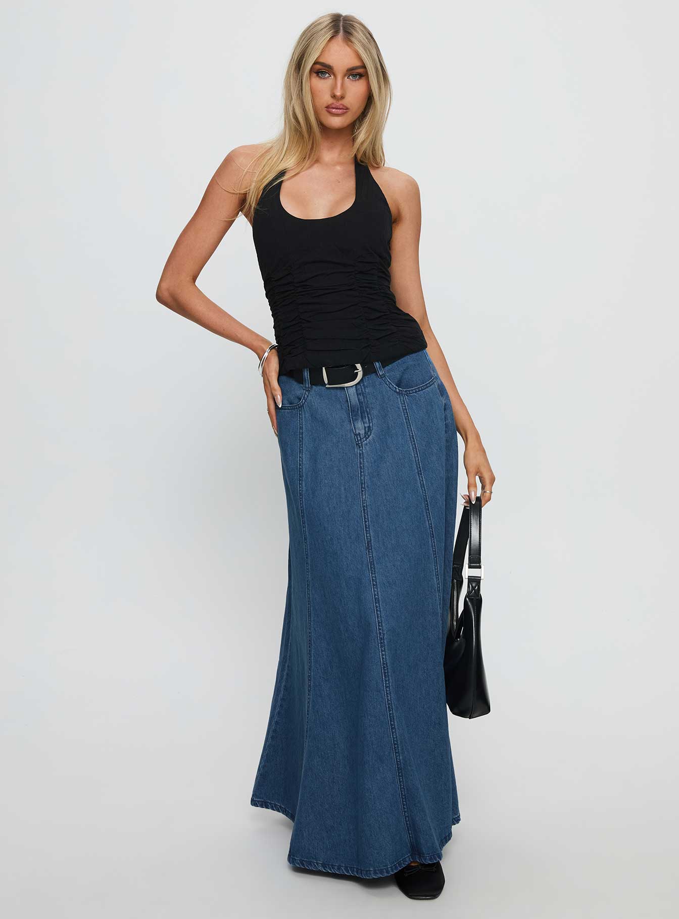 Charleigh Soft Pleat Denim Maxi Skirt Mid Blue Wash