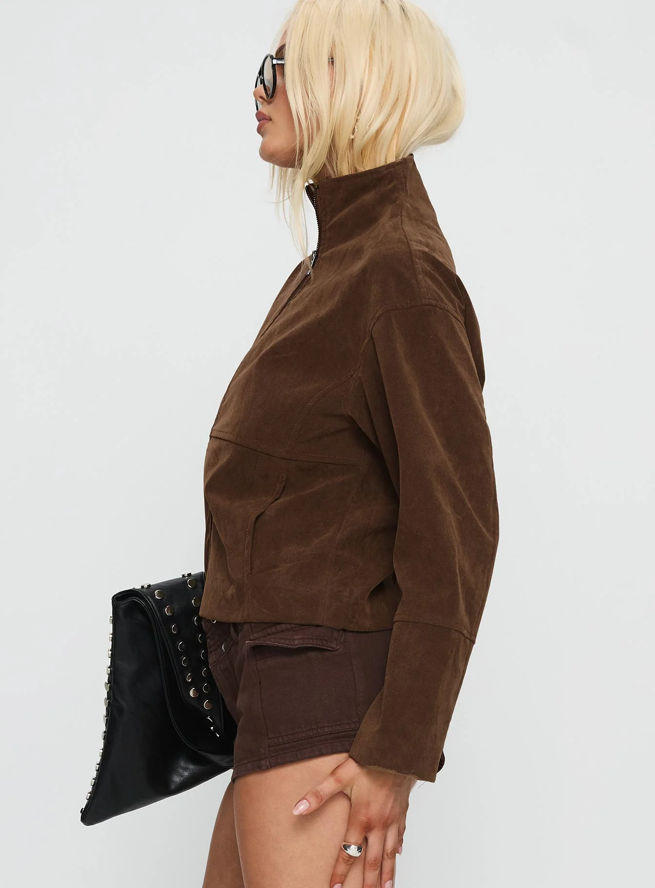 Jessalynn Faux Suede Zip Through Jacket Brown